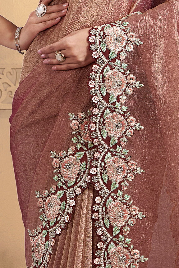 Maroon Embellished Shimmer Crush Silk Saree - Image 2