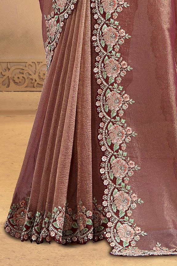 Maroon Embellished Shimmer Crush Silk Saree - Image 4