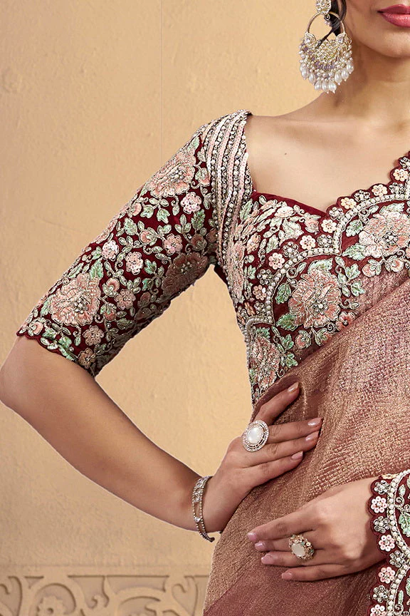 Maroon Embellished Shimmer Crush Silk Saree - Image 5