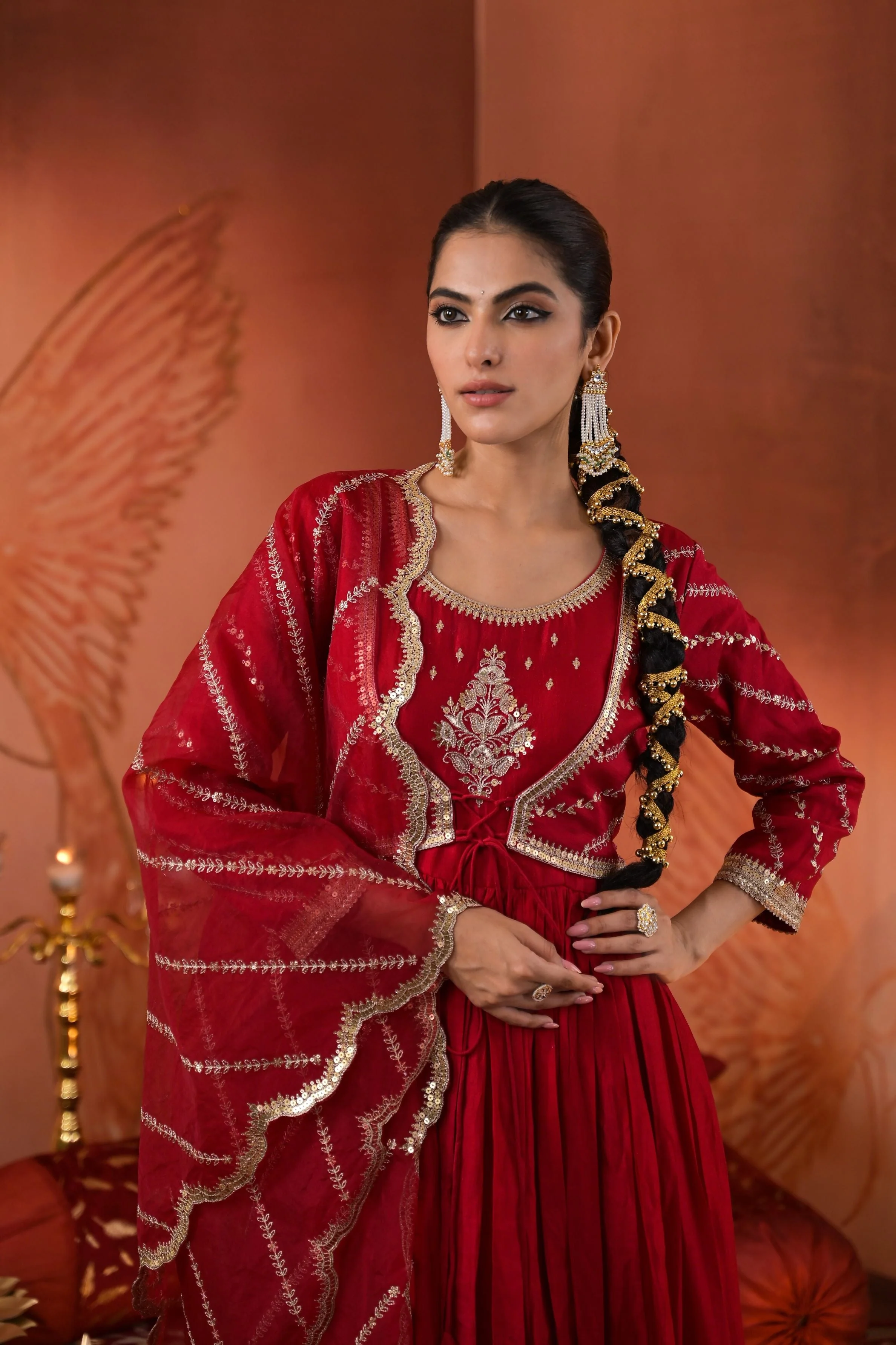 Maroon Embroidered Italian Silk Anarkali Set - Image 2