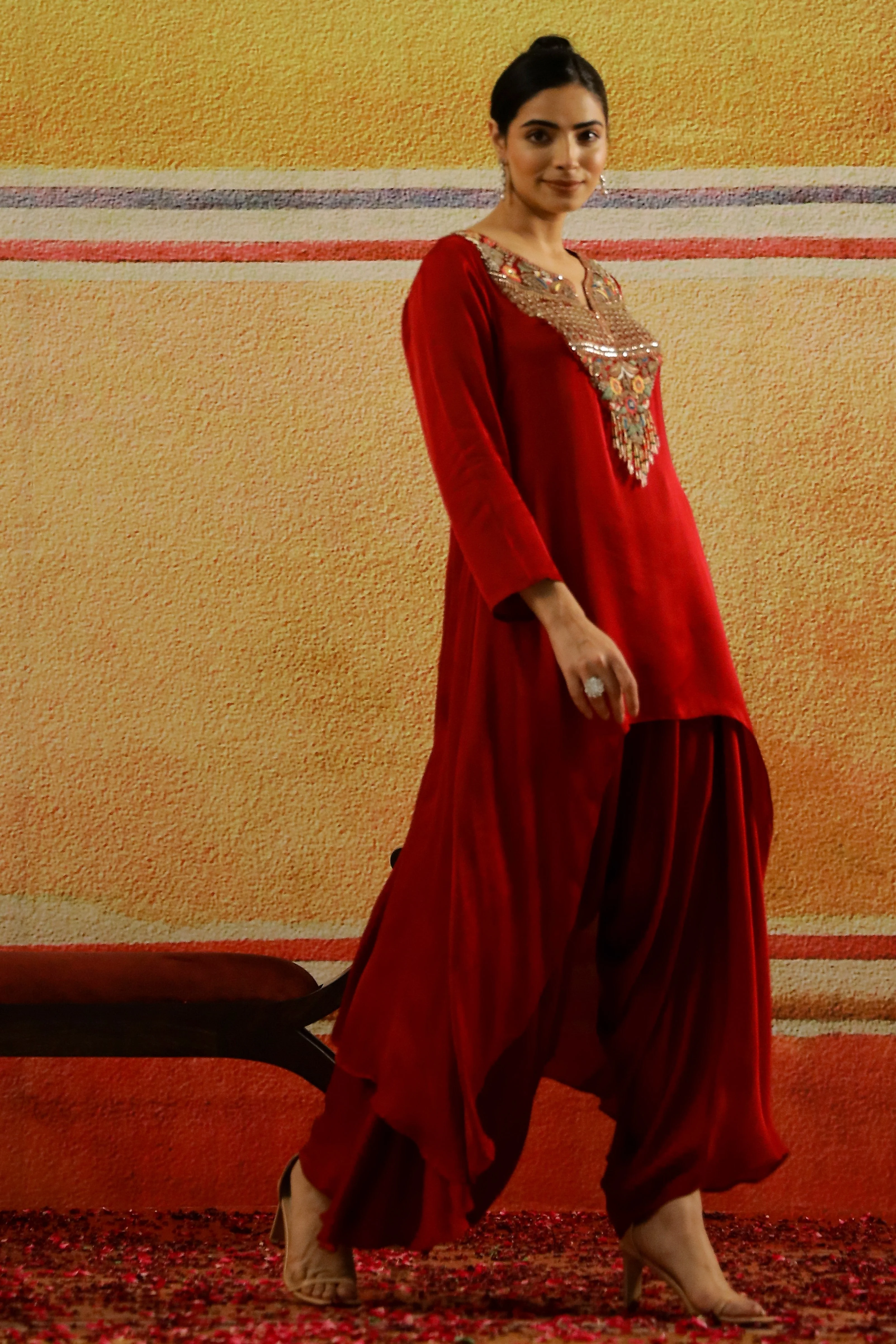 Maroon Embroidered Satin Silk Kurta Set - Image 3