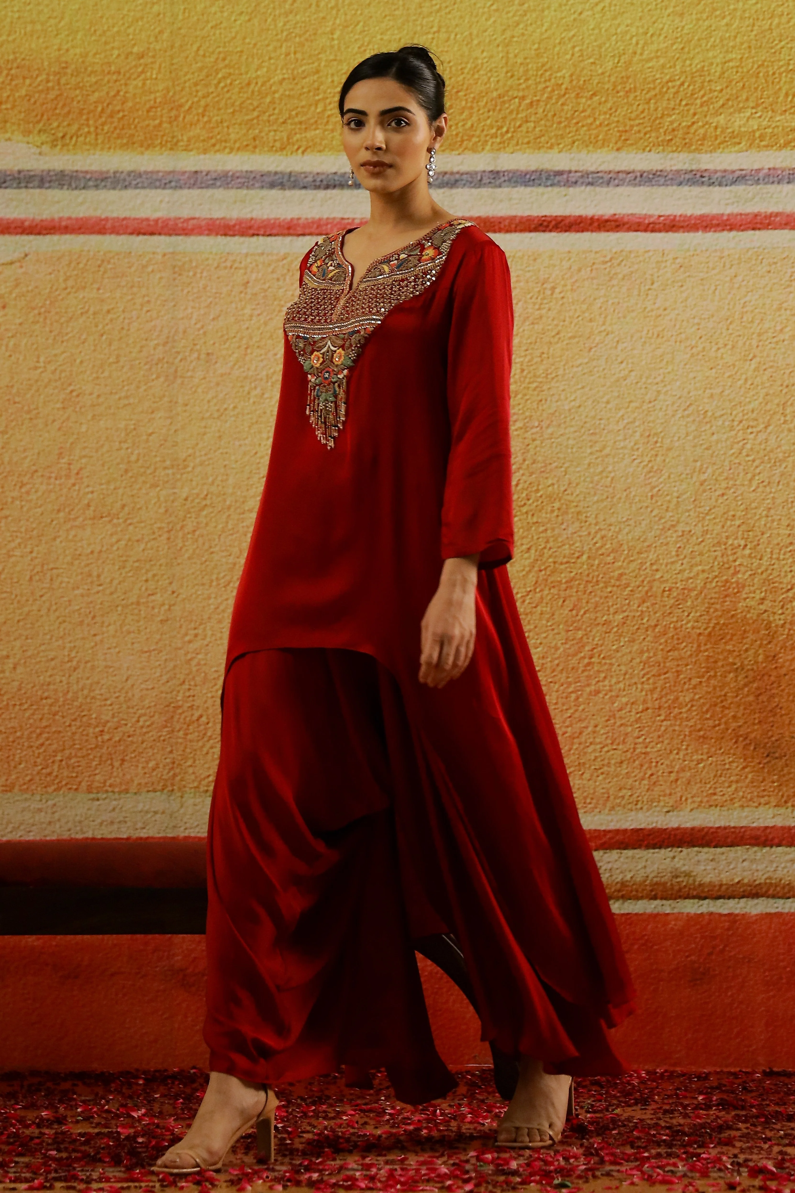 Maroon Embroidered Satin Silk Kurta Set - Image 4