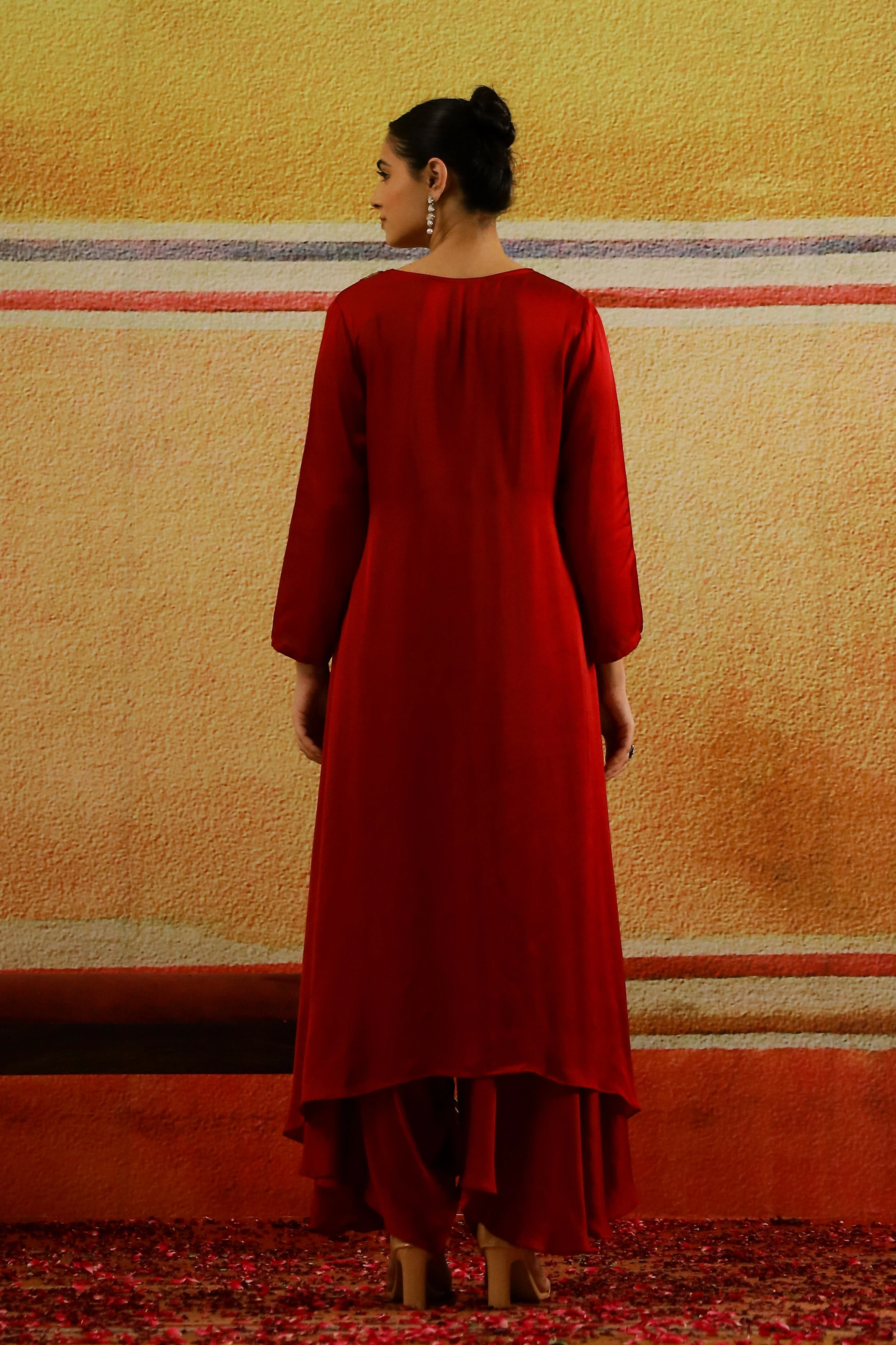 Maroon Embroidered Satin Silk Kurta Set - Image 5