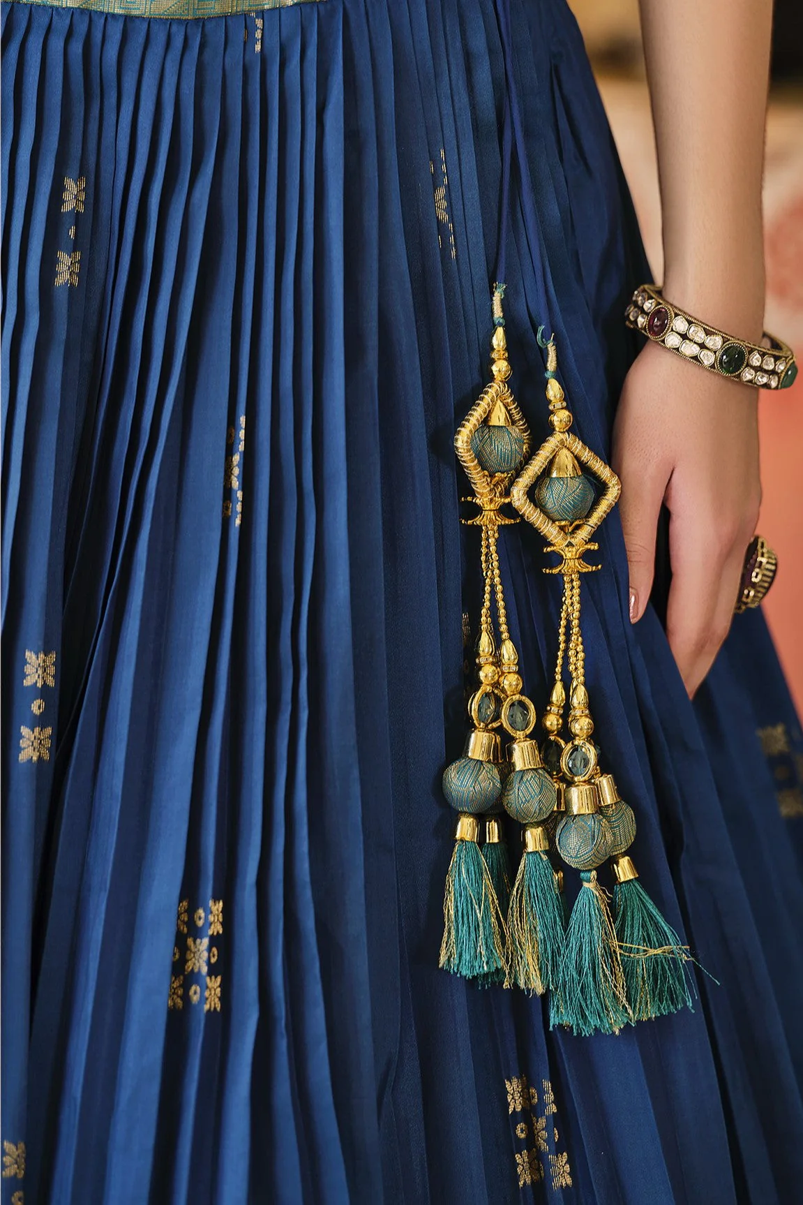 Teal Blue Golden Banarasi Silk Lehenga Set - Image 3