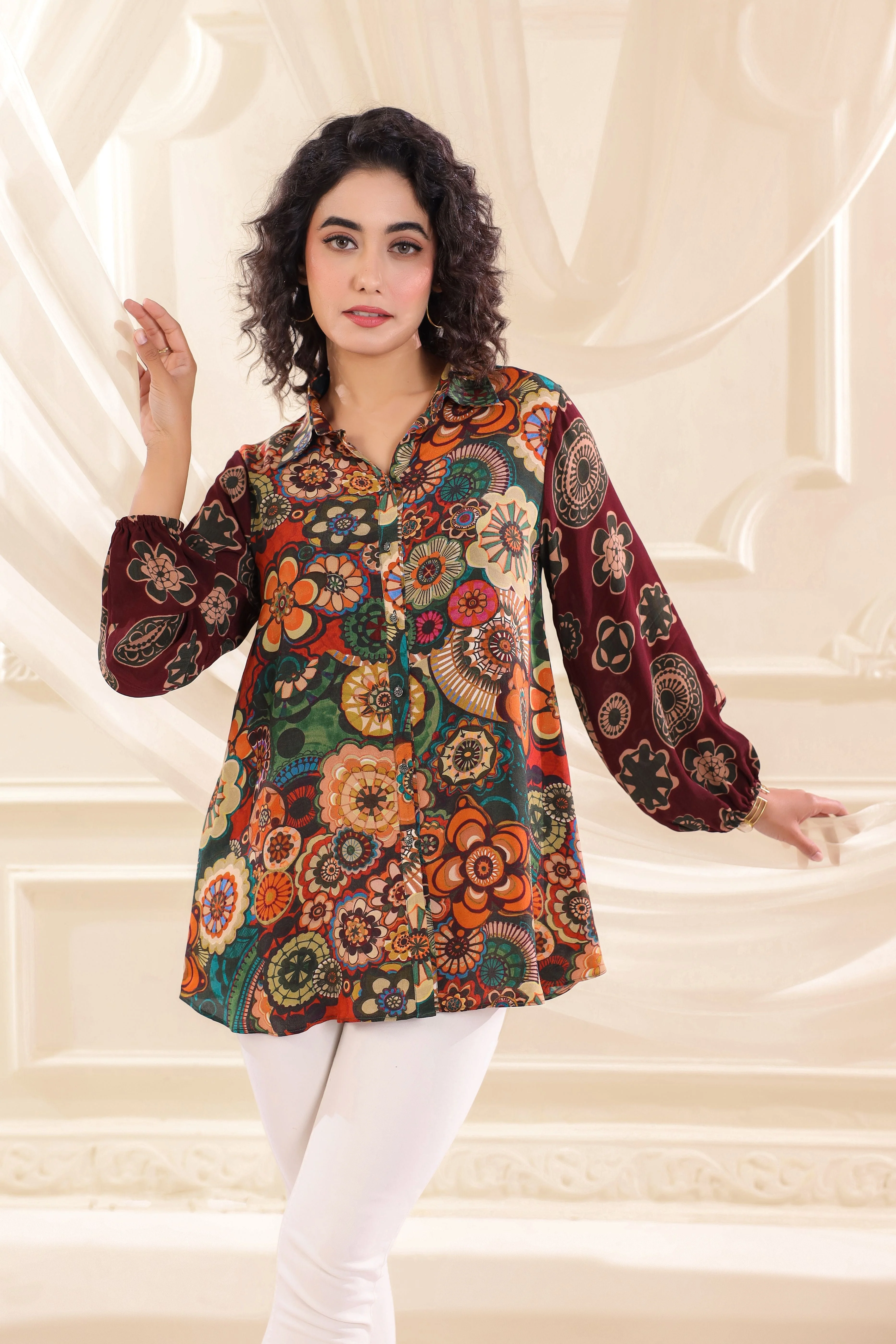 Maroon Meadow Printed Crepe Silk Top