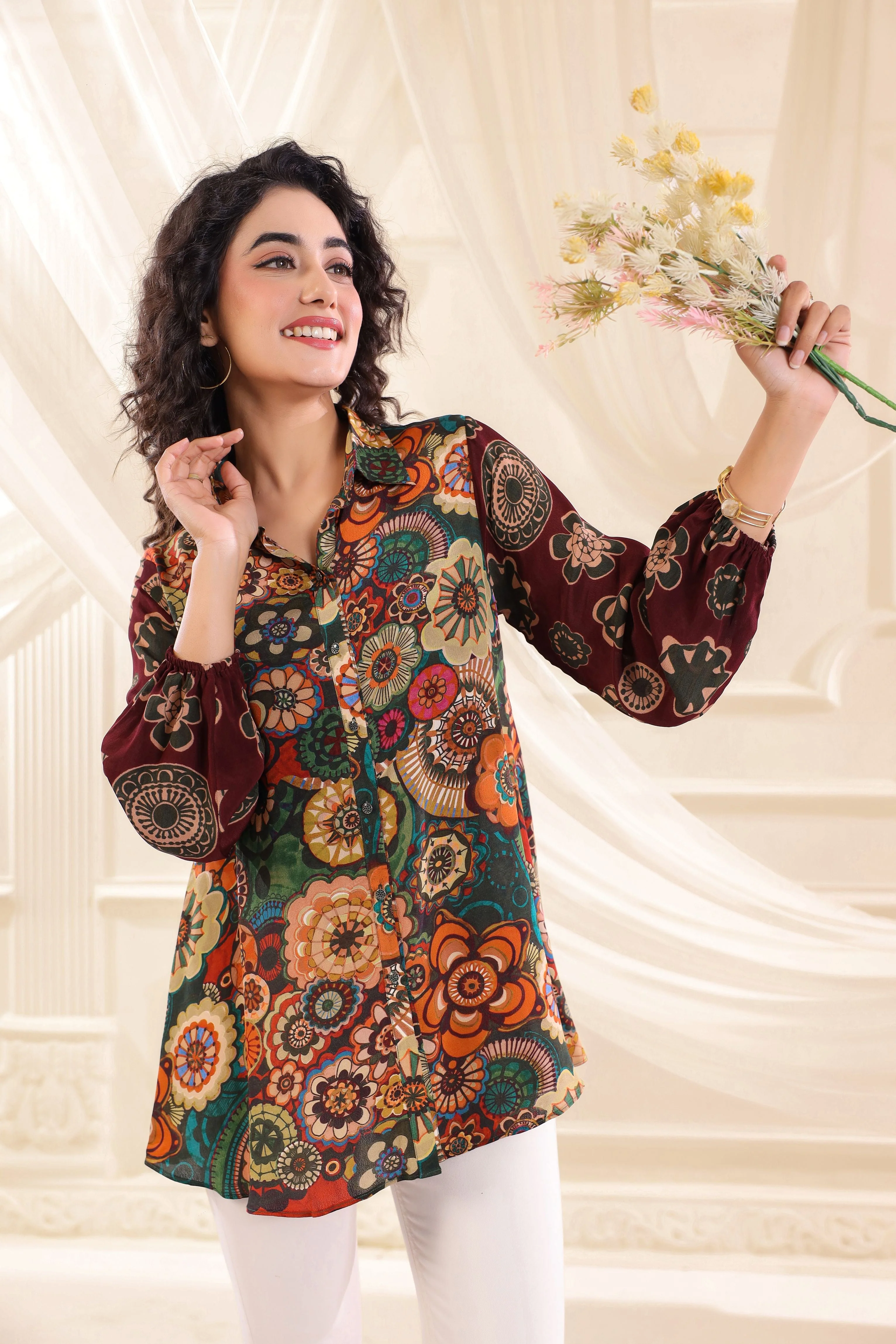 Maroon Meadow Printed Crepe Silk Top - Image 2