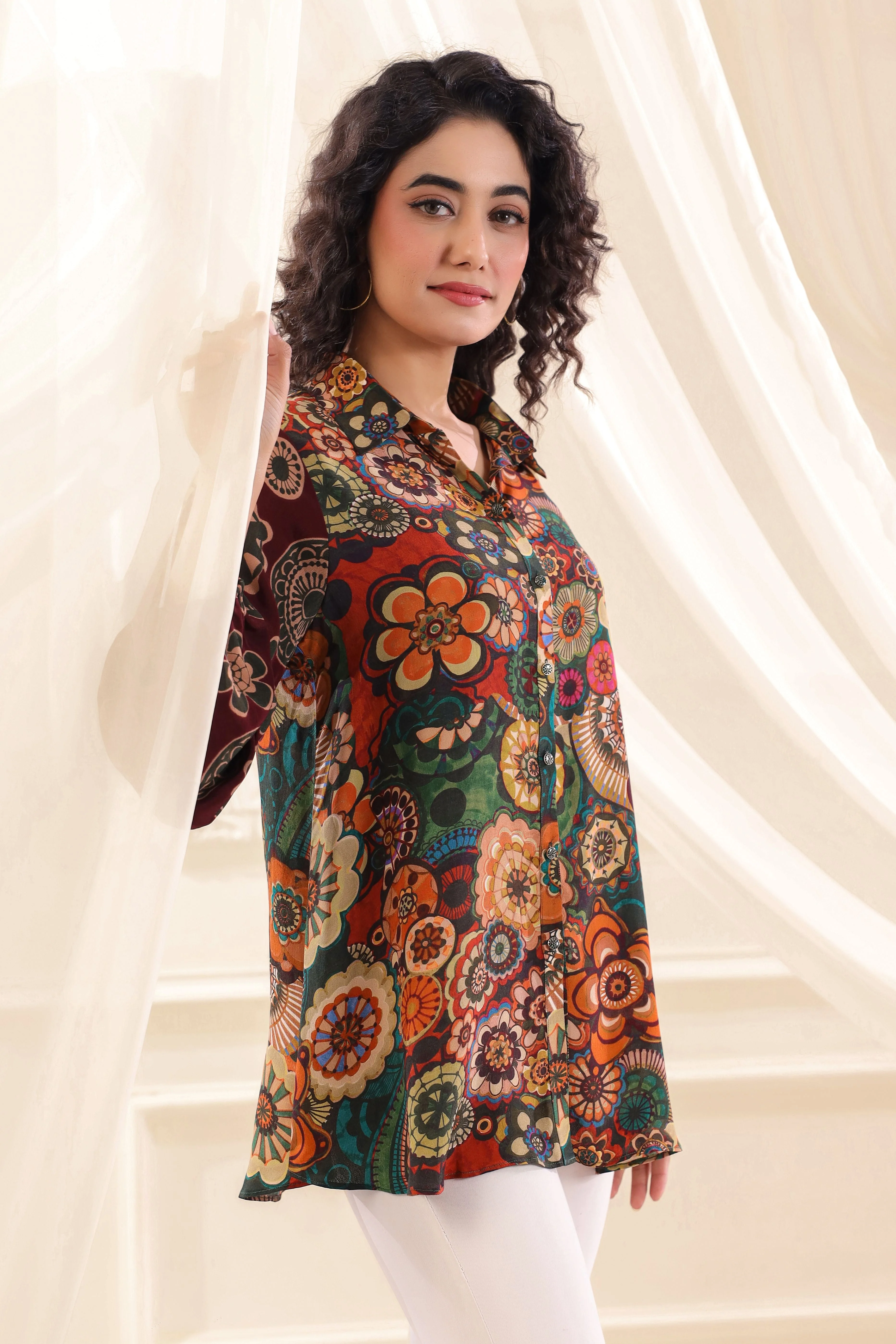Maroon Meadow Printed Crepe Silk Top - Image 3