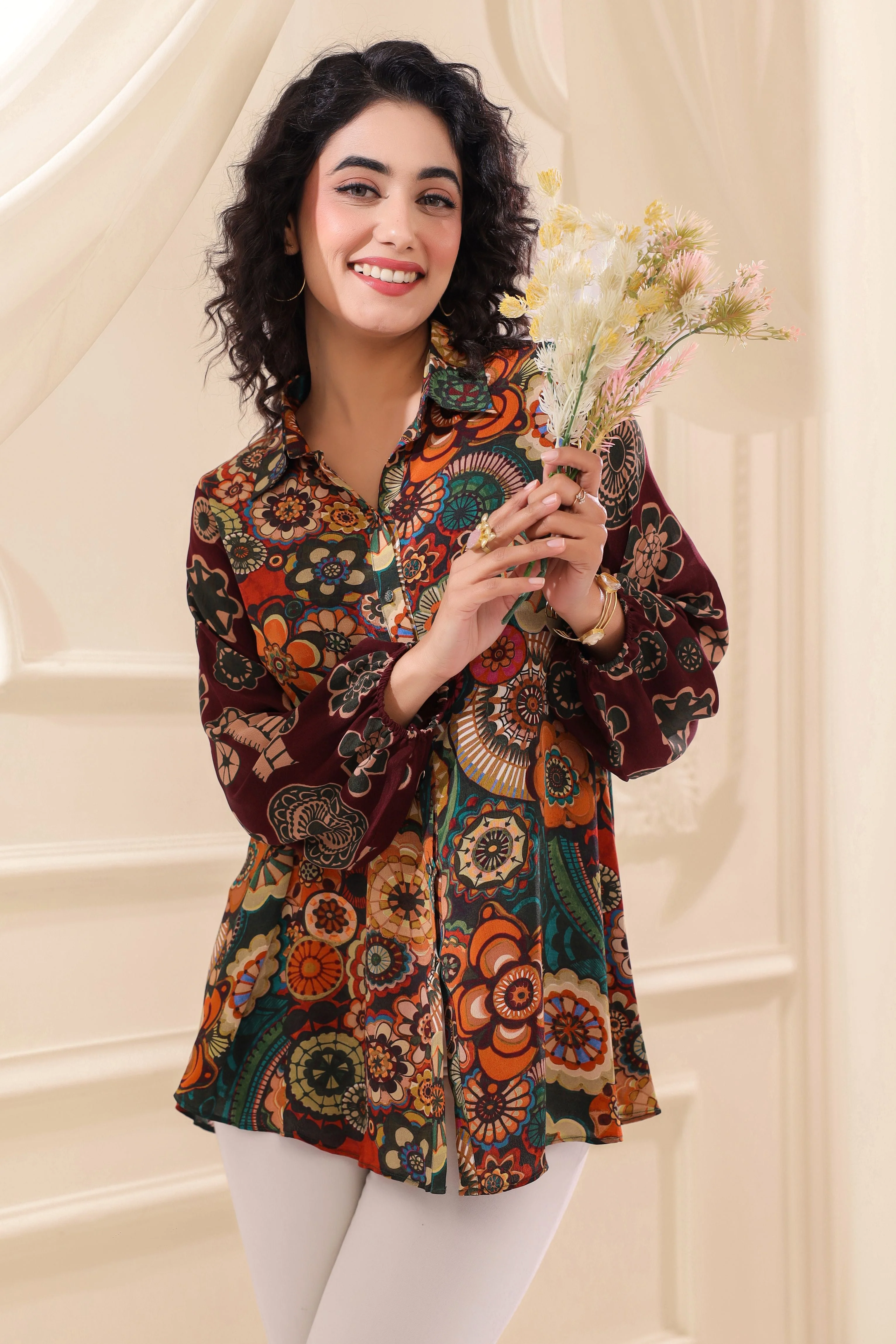 Maroon Meadow Printed Crepe Silk Top - Image 4