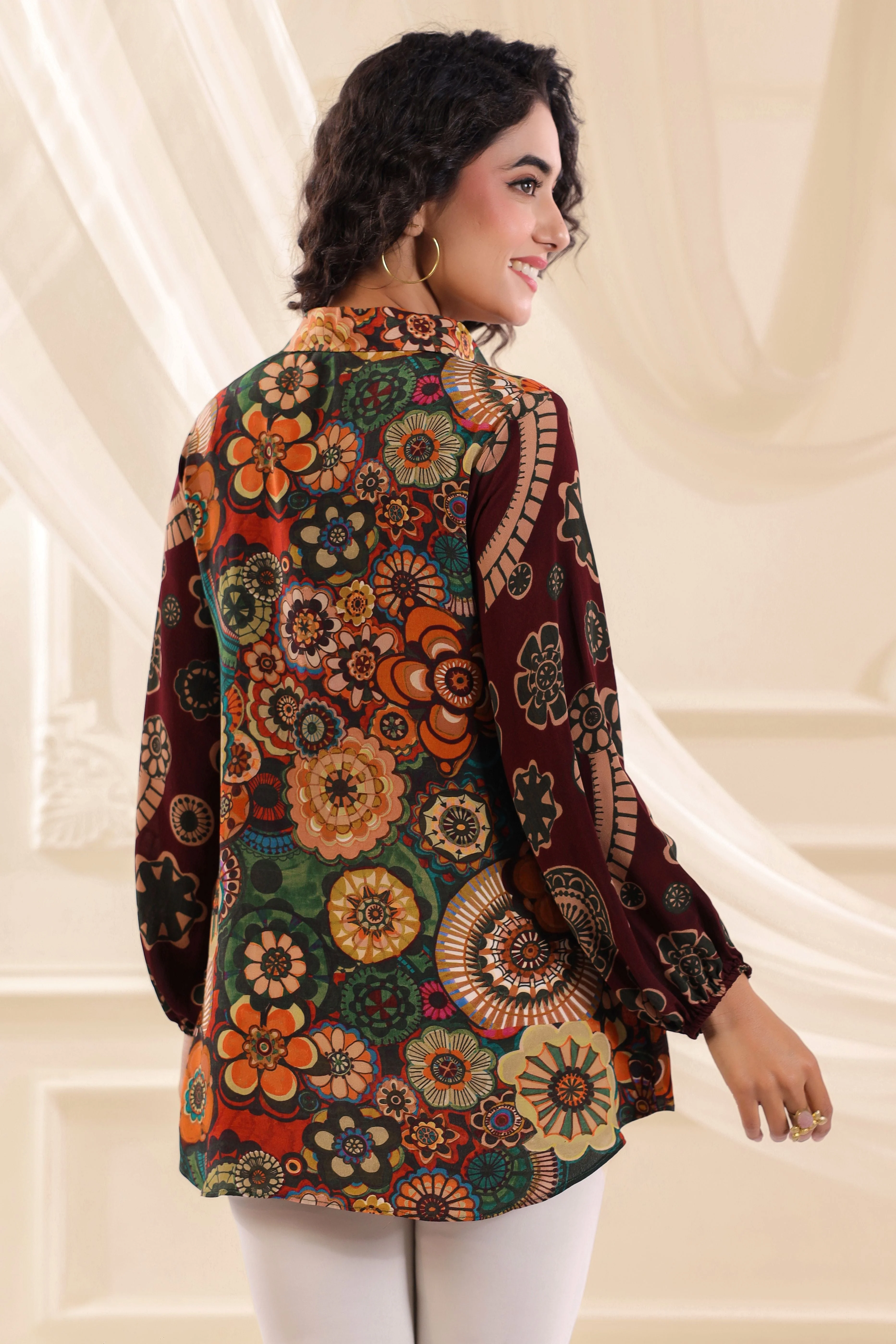 Maroon Meadow Printed Crepe Silk Top - Image 5
