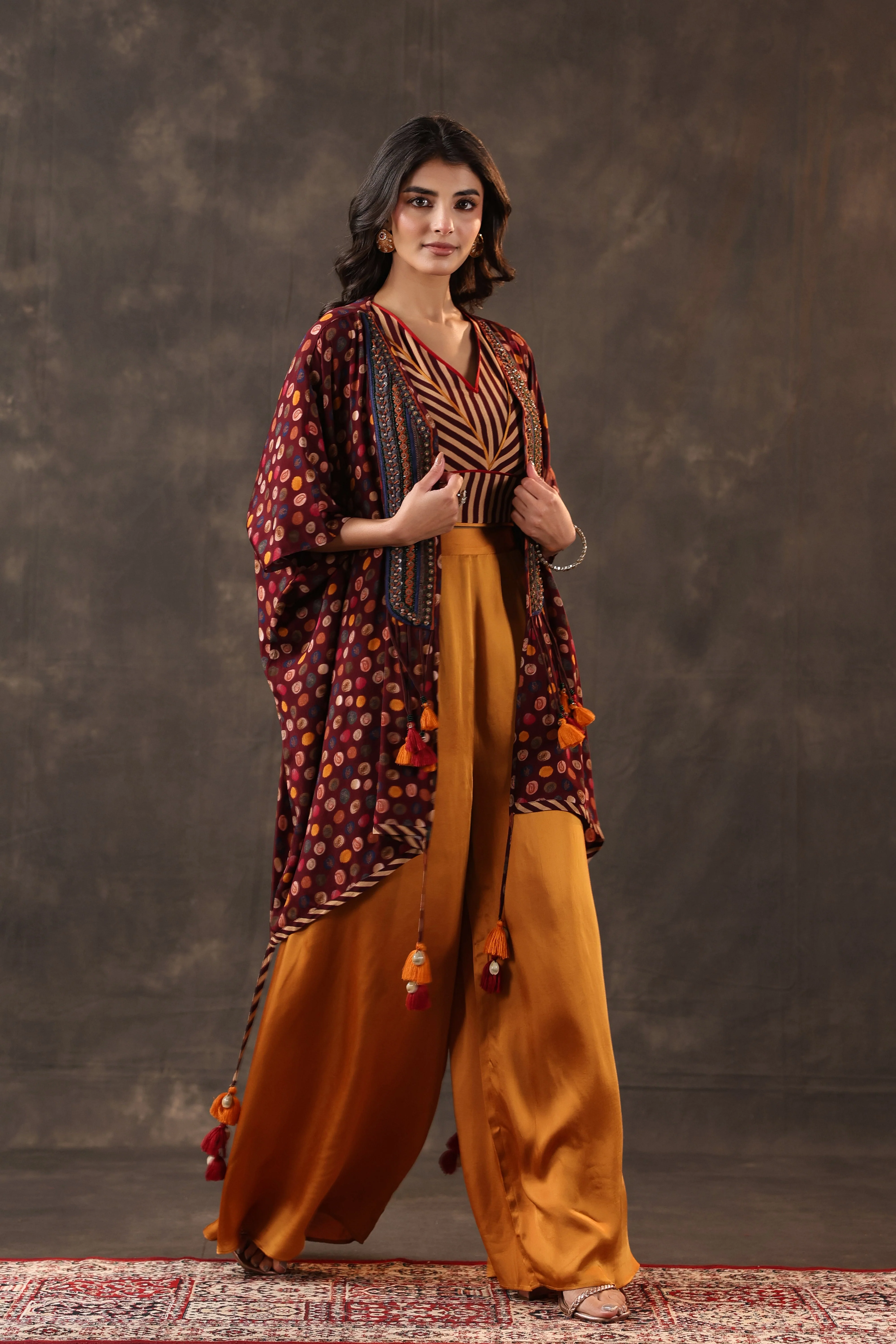 Maroon & Mustard Embellished Crepe Silk Cape Set - Image 3