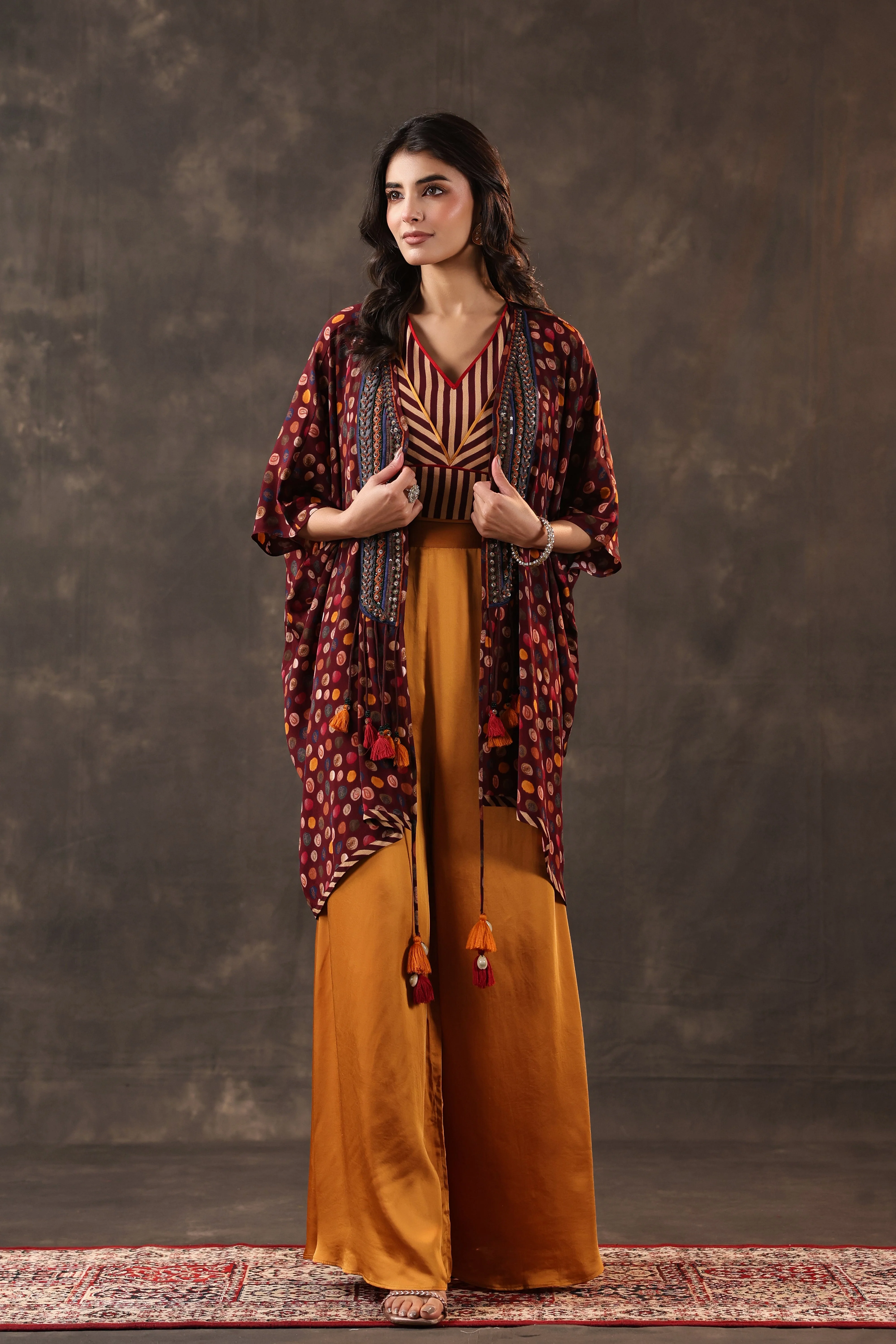 Maroon & Mustard Embellished Crepe Silk Cape Set - Image 4