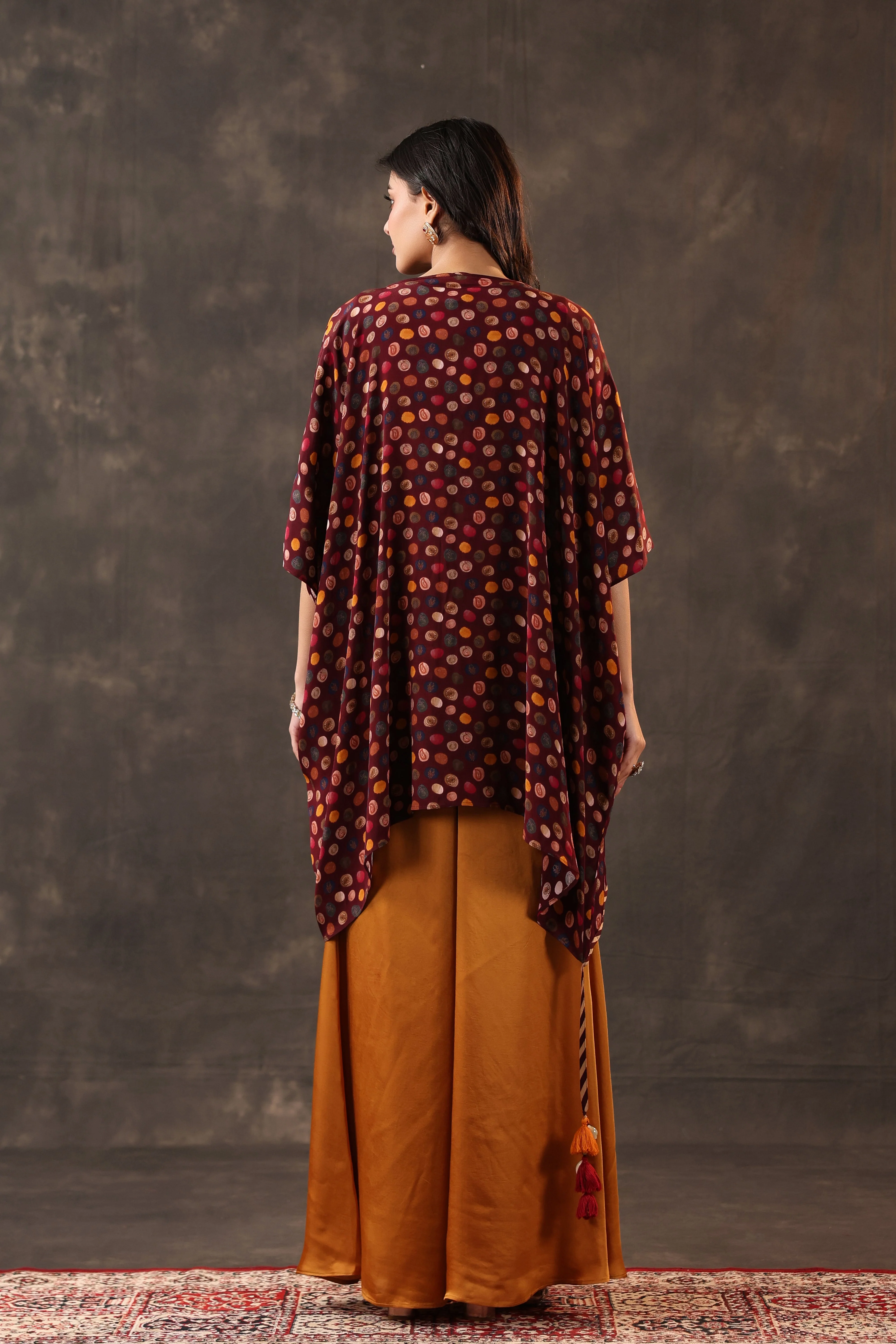 Maroon & Mustard Embellished Crepe Silk Cape Set - Image 5