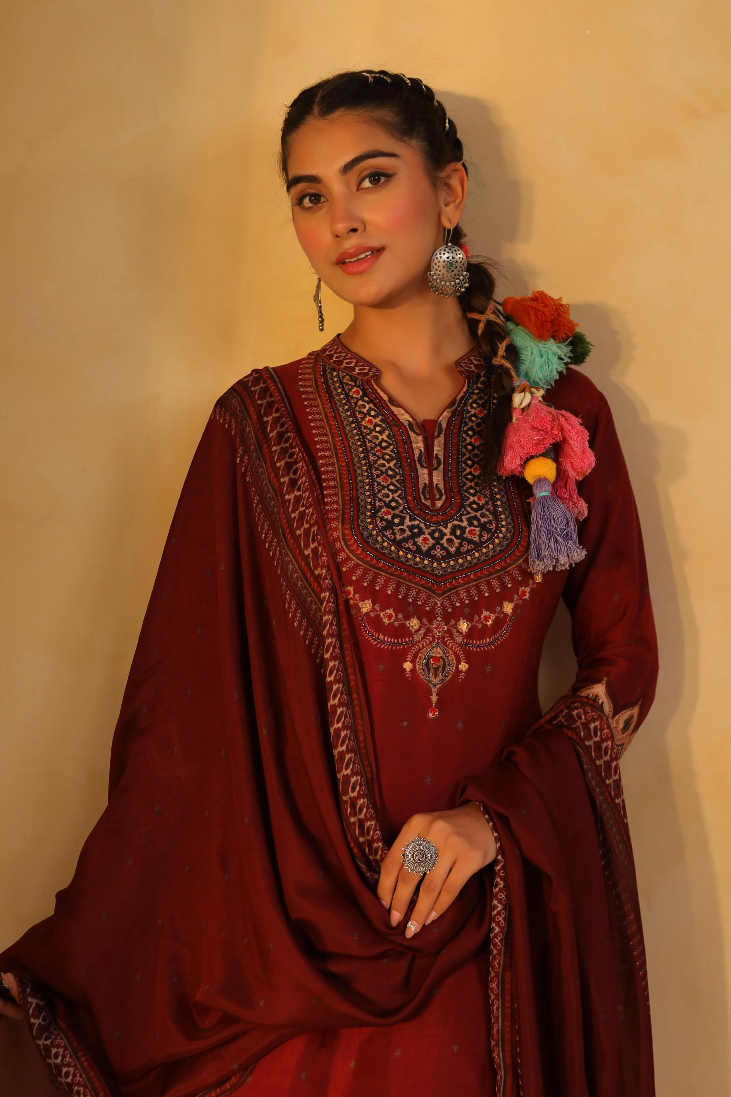 Maroon Printed Dola Silk Pant Set - Image 3