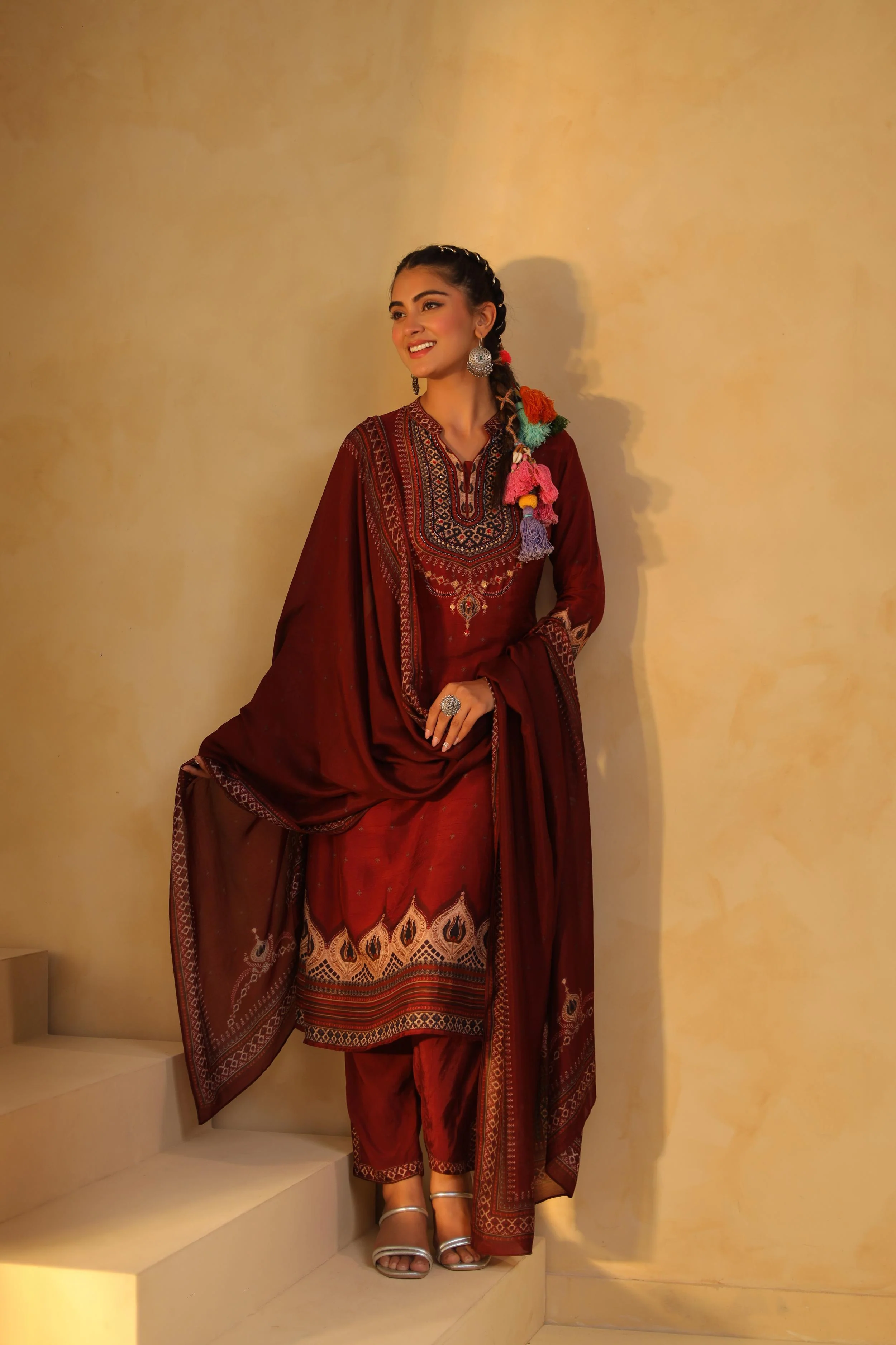 Maroon Printed Dola Silk Pant Set - Image 4