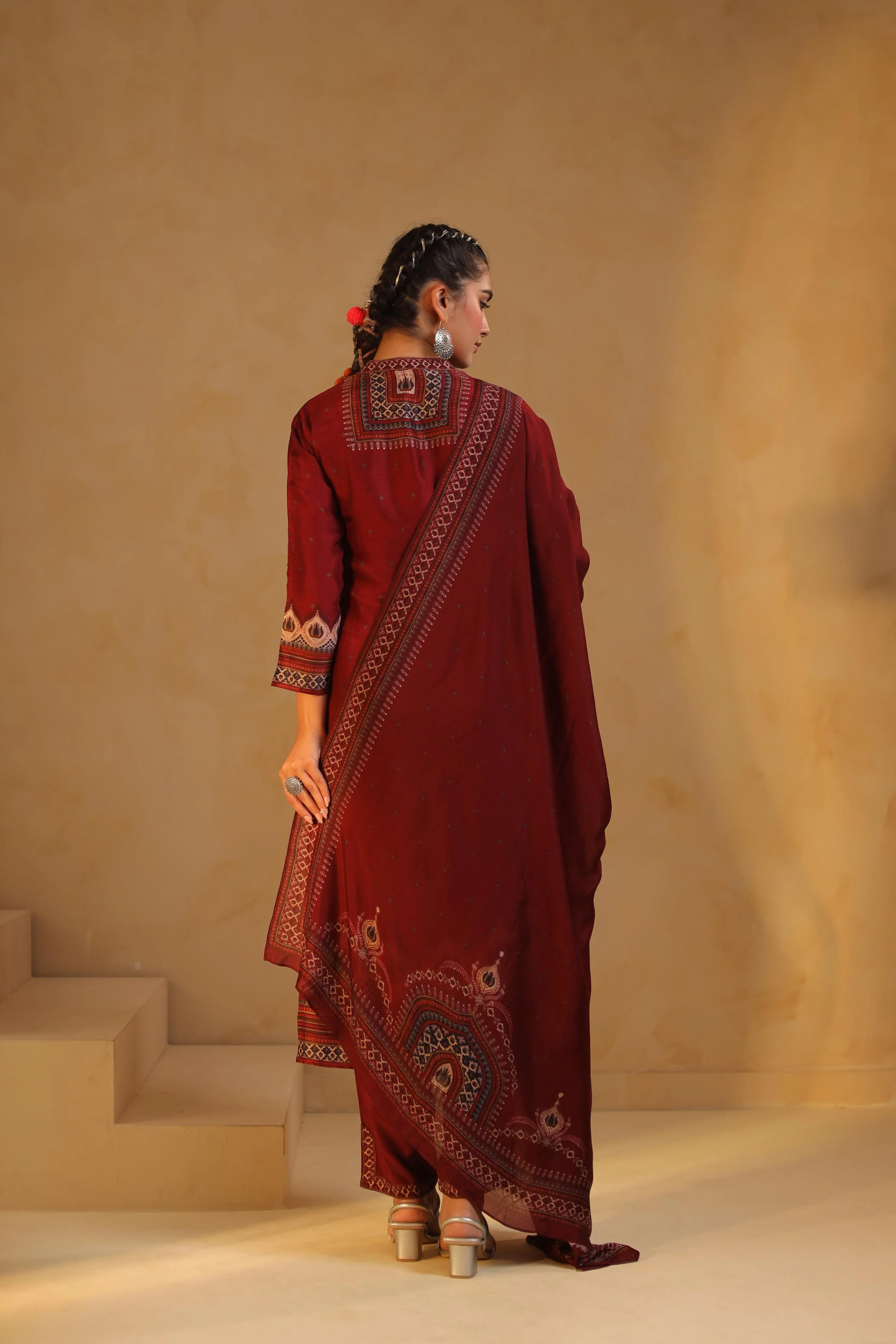 Maroon Printed Dola Silk Pant Set - Image 5