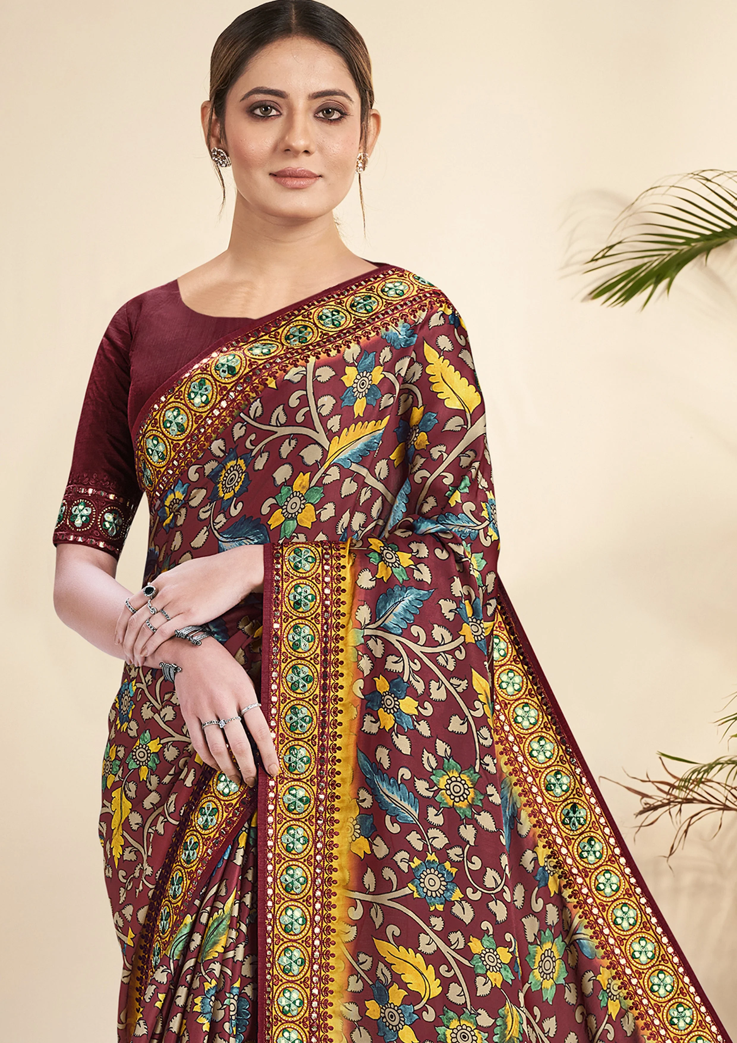 Royal Maroon Printed Gajji Silk Saree - Image 2