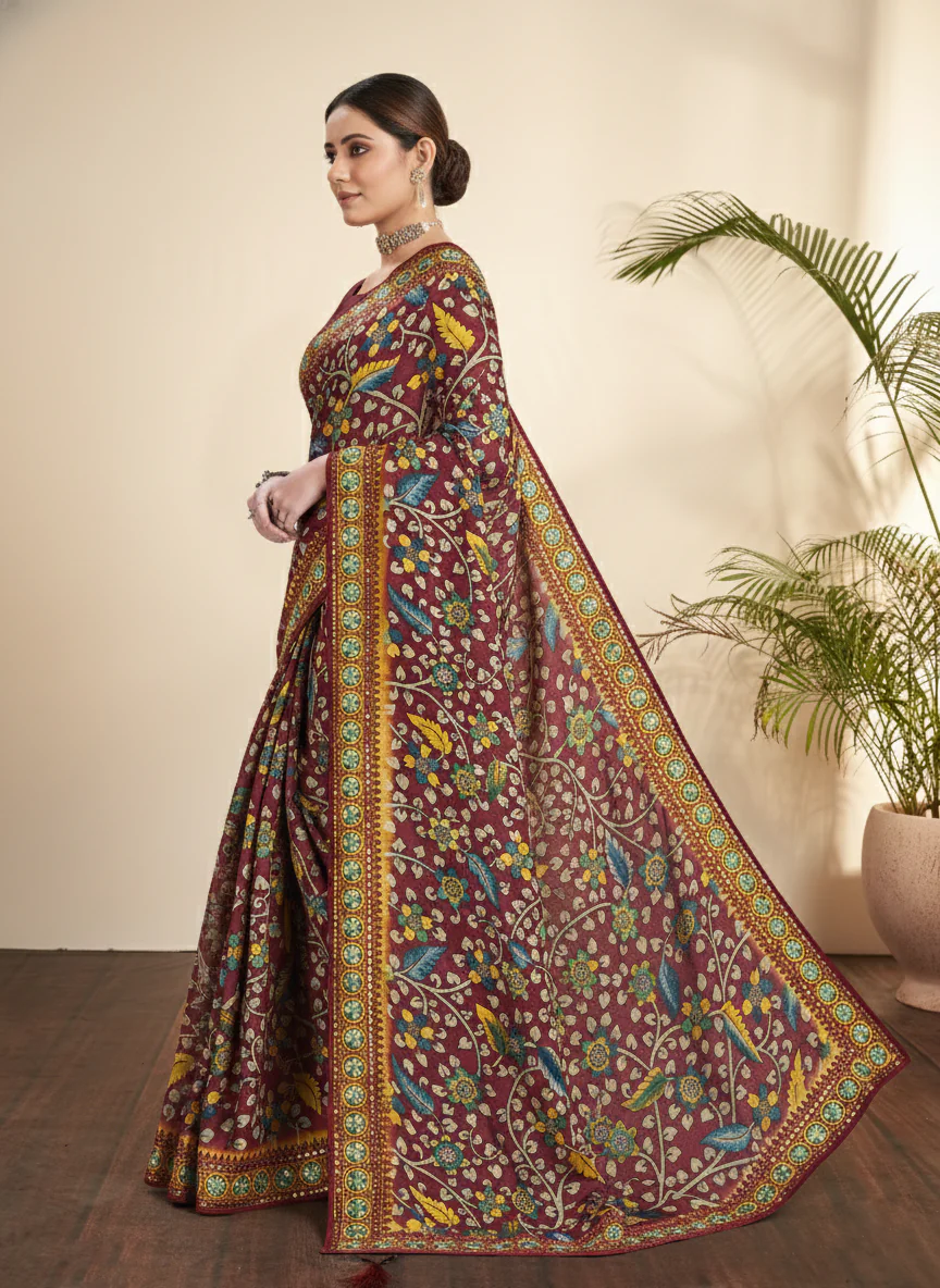 Royal Maroon Printed Gajji Silk Saree - Image 3