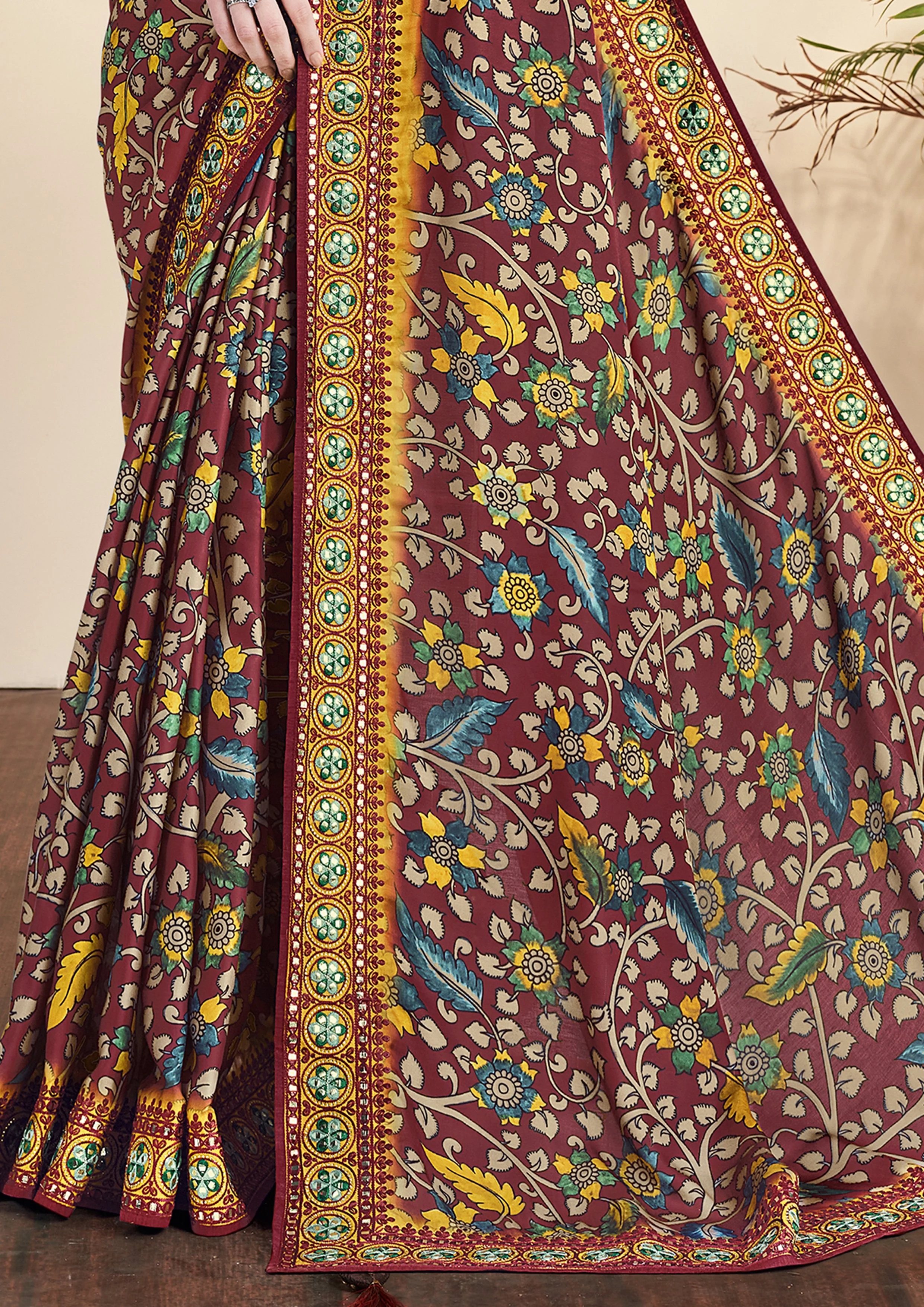 Royal Maroon Printed Gajji Silk Saree - Image 4