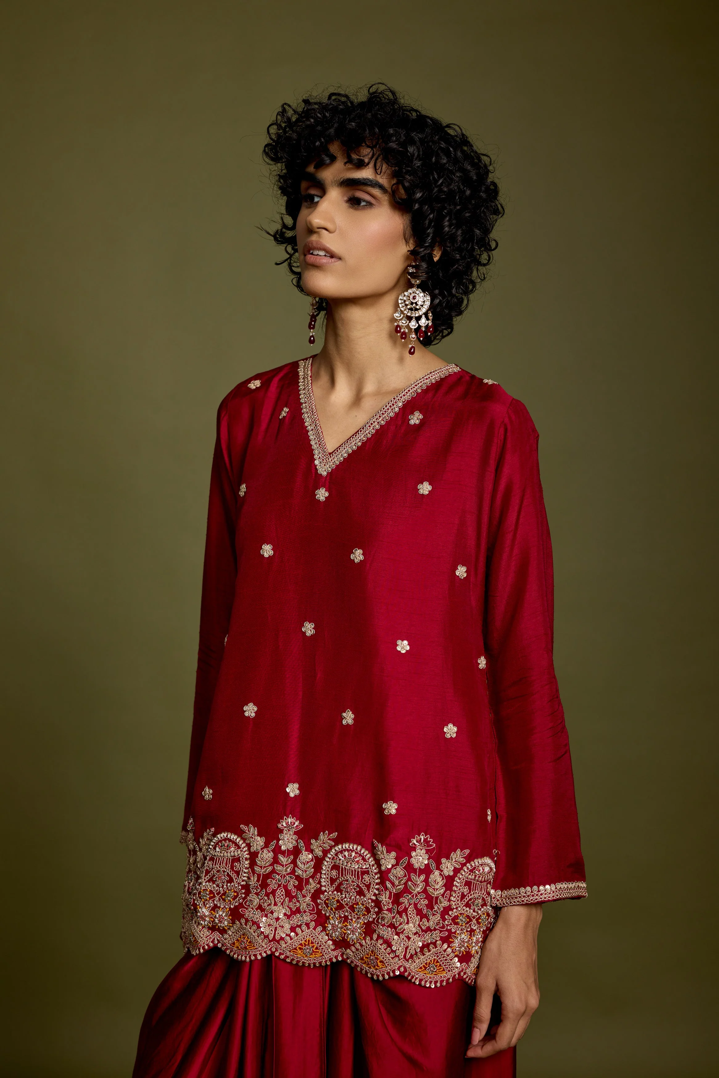 Maroon Red Embellished Georgette Silk Skirt Set - Image 4