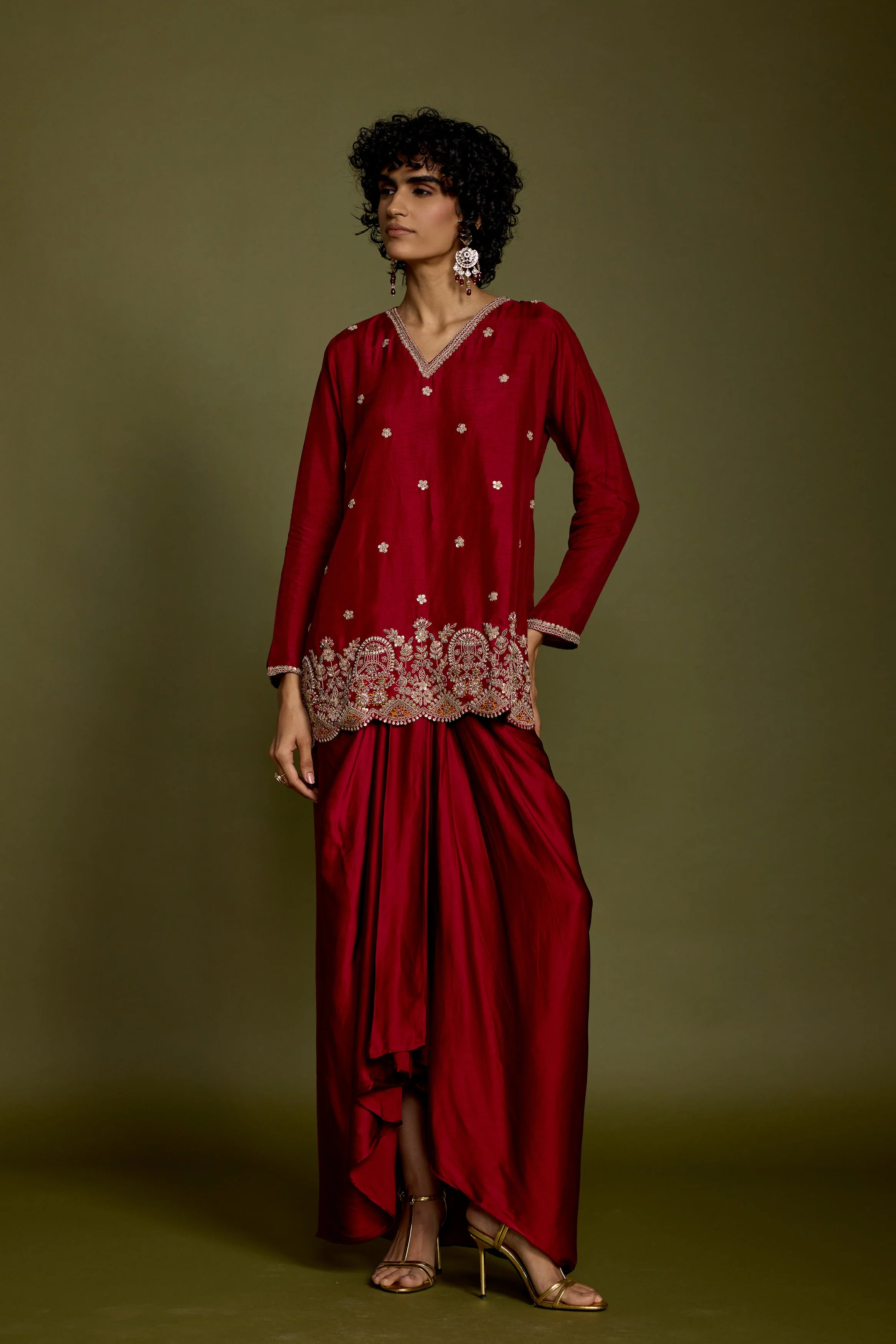 Maroon Red Embellished Georgette Silk Skirt Set - Image 5