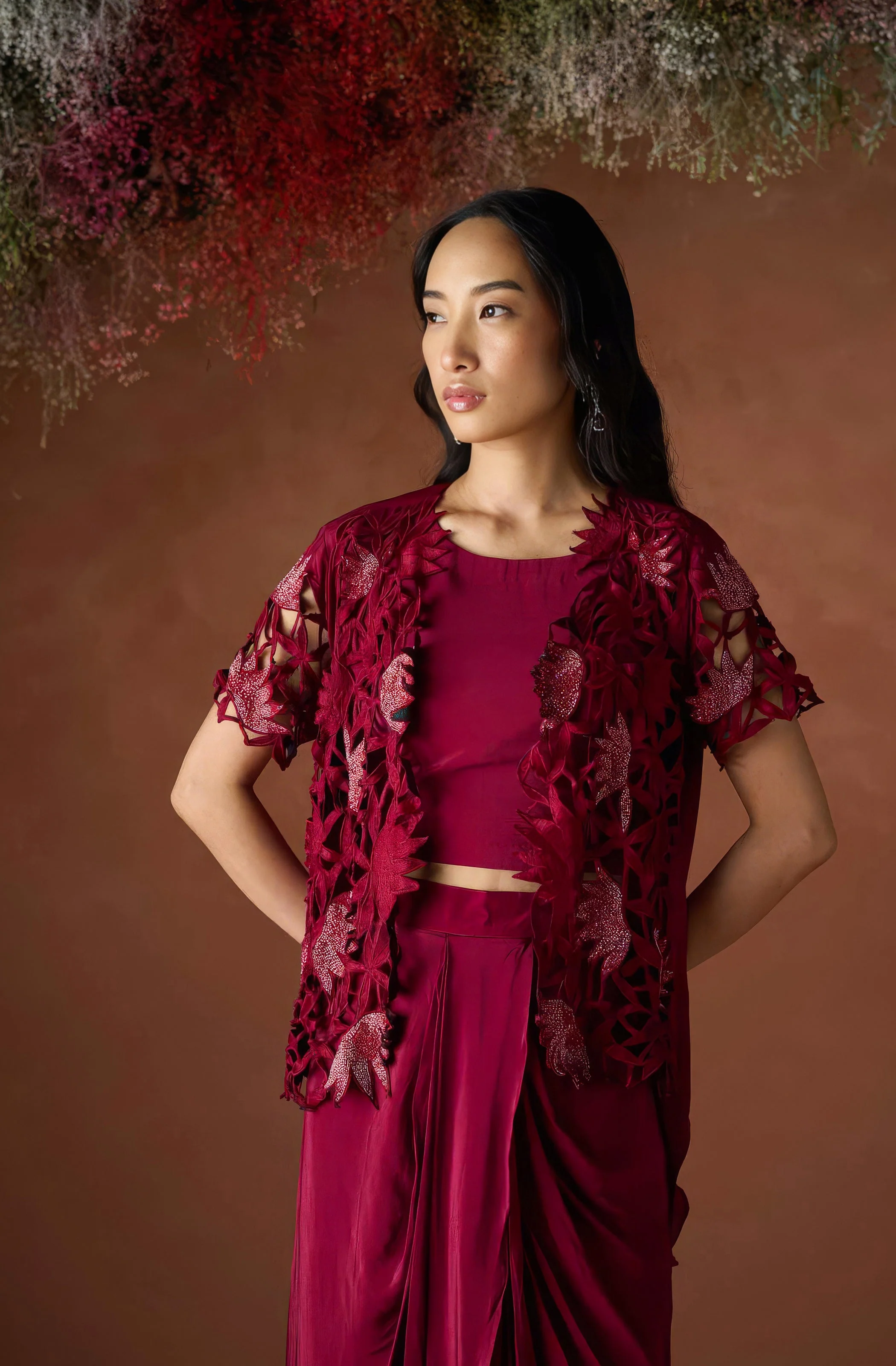 Maroon Red Embellished Premium Silk Skirt Set - Image 3