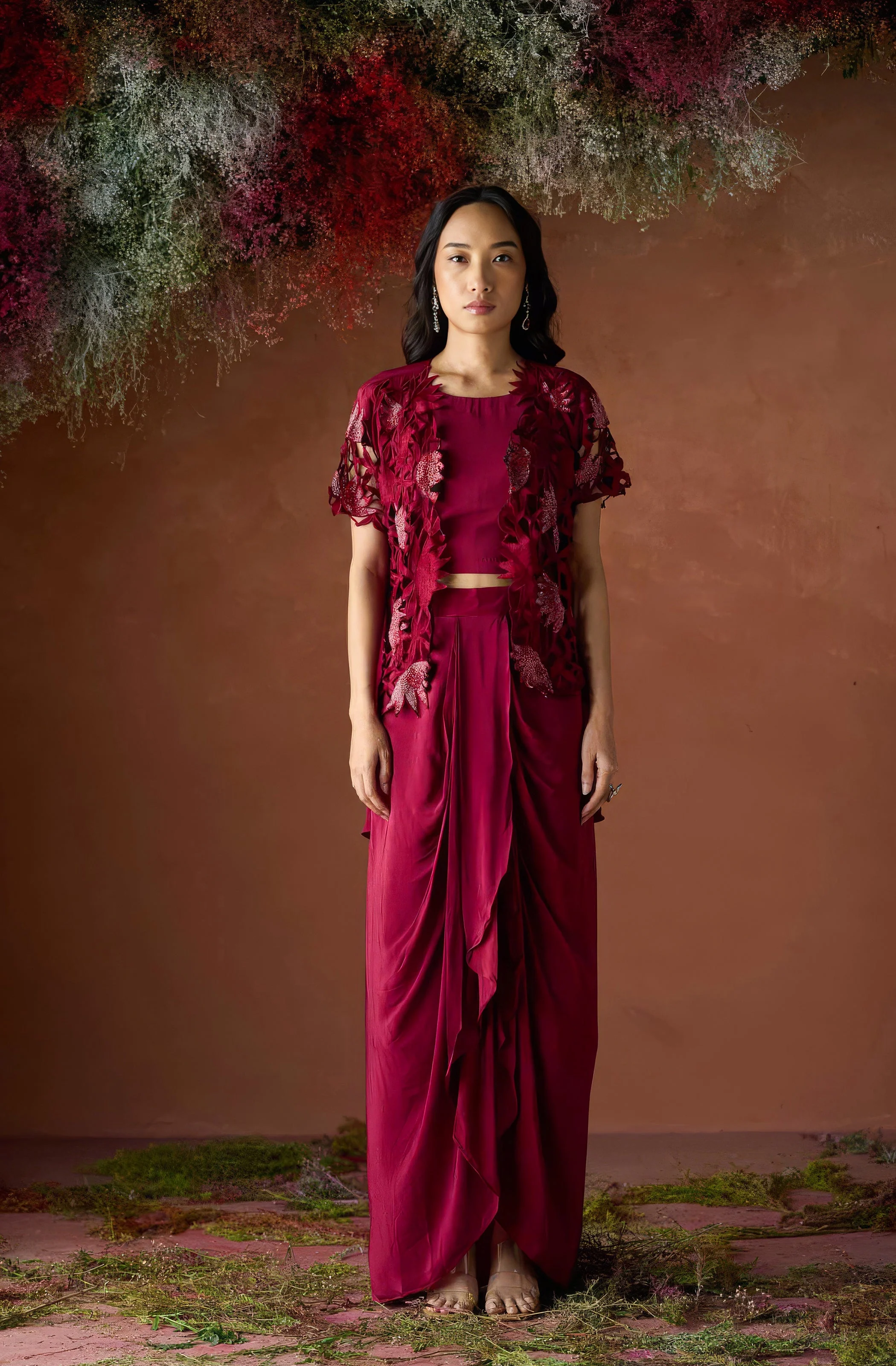 Maroon Red Embellished Premium Silk Skirt Set - Image 5
