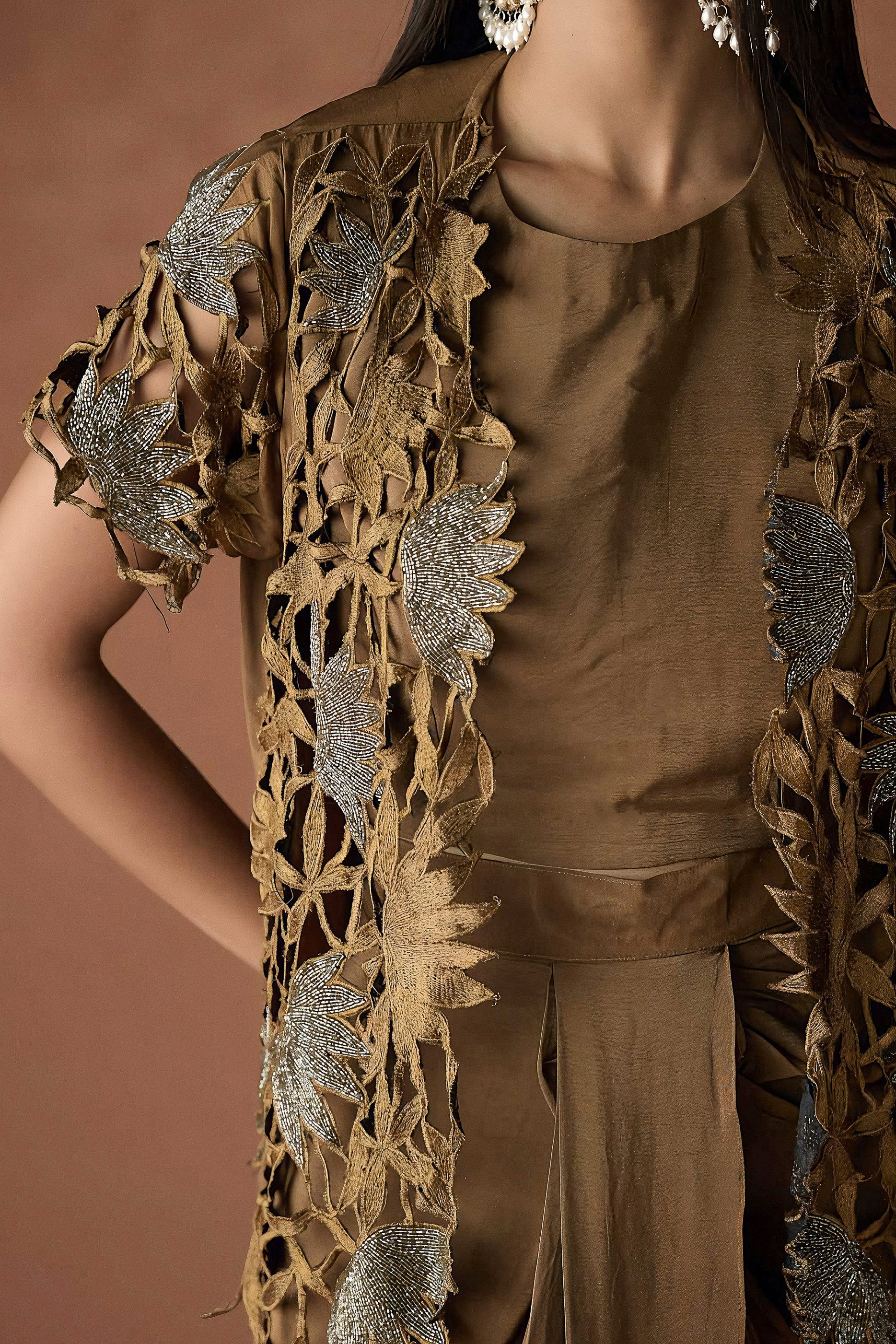 Mocha Brown Embellished Premium Silk Skirt Set - Image 2