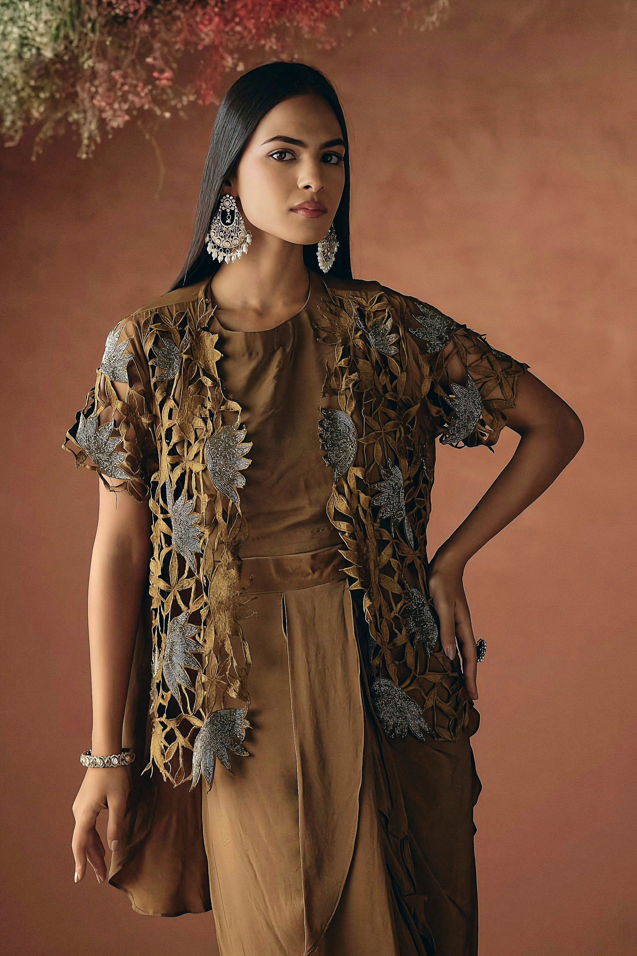 Mocha Brown Embellished Premium Silk Skirt Set - Image 3
