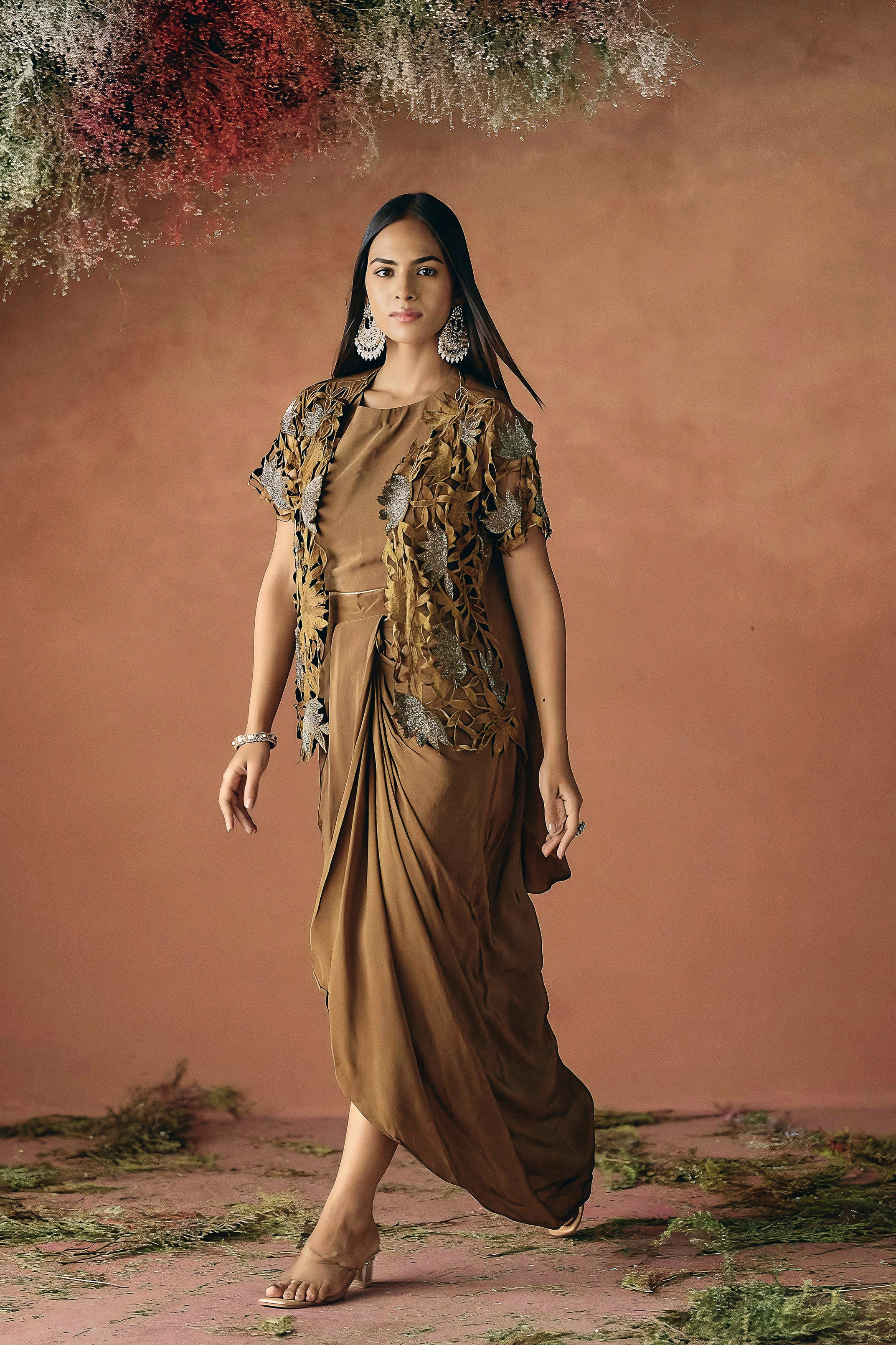 Mocha Brown Embellished Premium Silk Skirt Set - Image 4