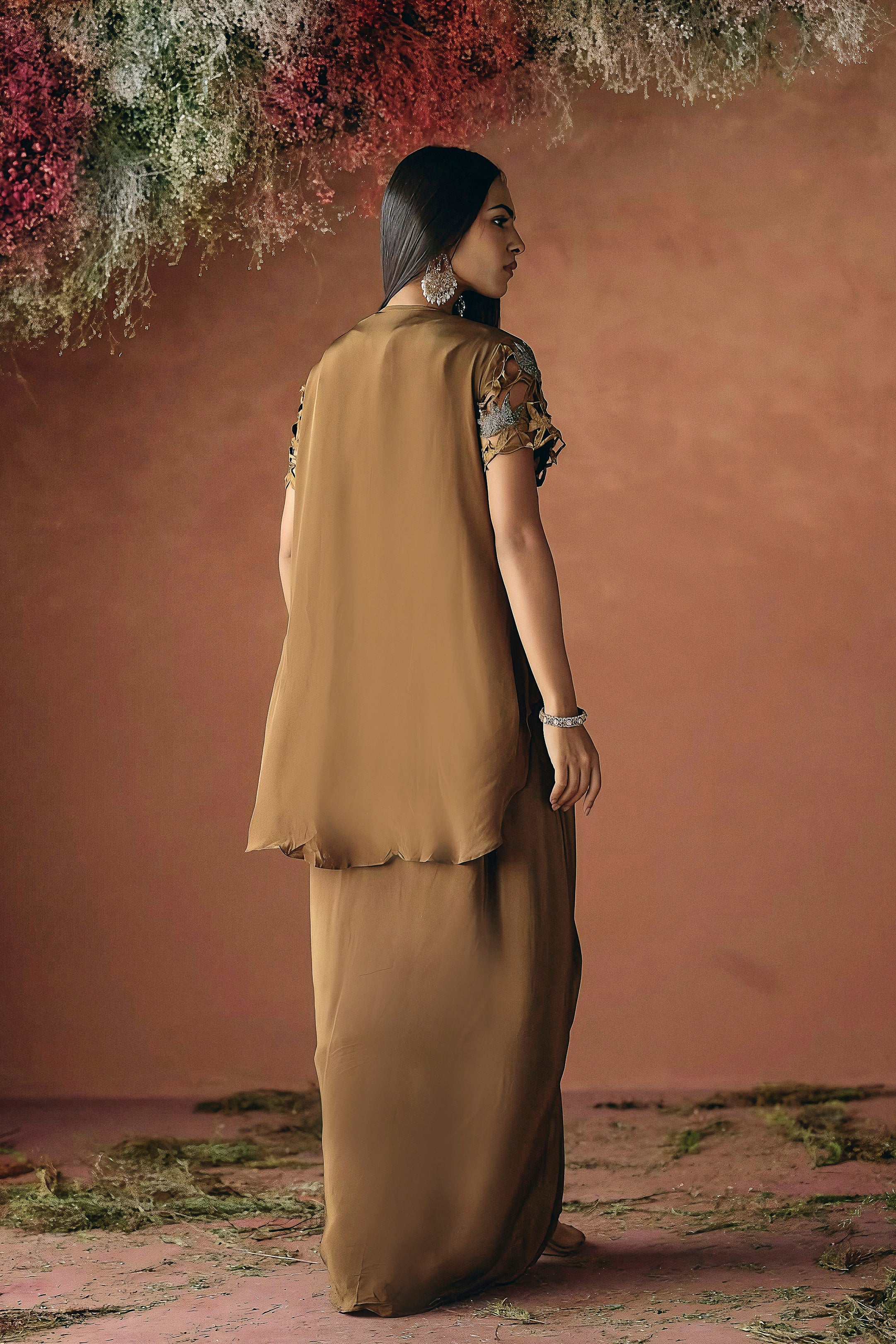 Mocha Brown Embellished Premium Silk Skirt Set - Image 5