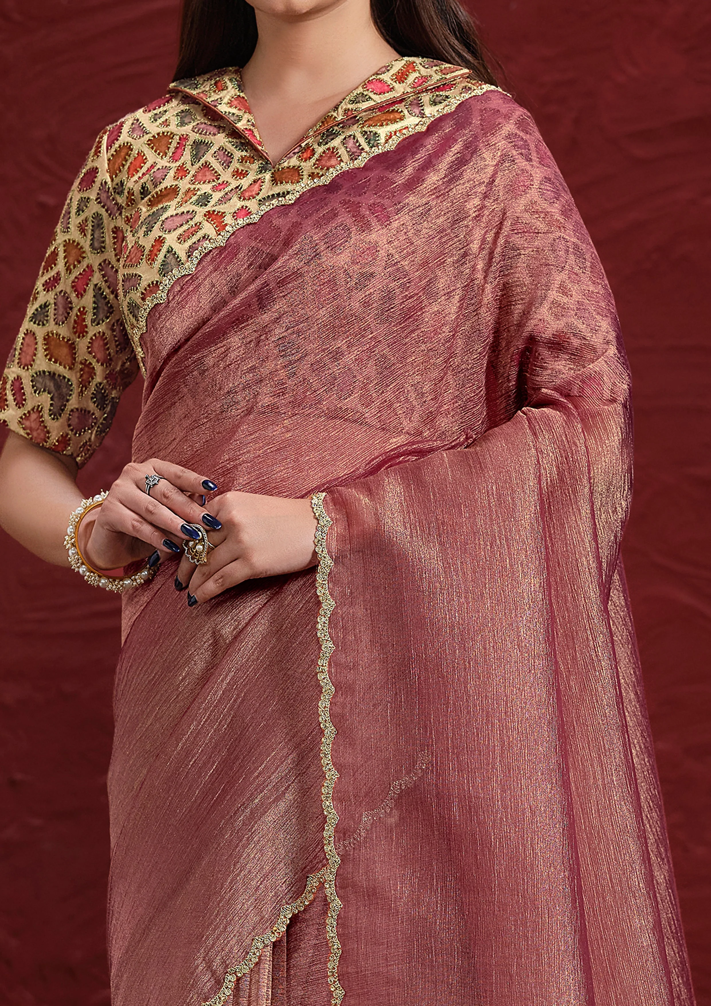 Dusty Rose Embellished Tissue Silk Saree - Image 2