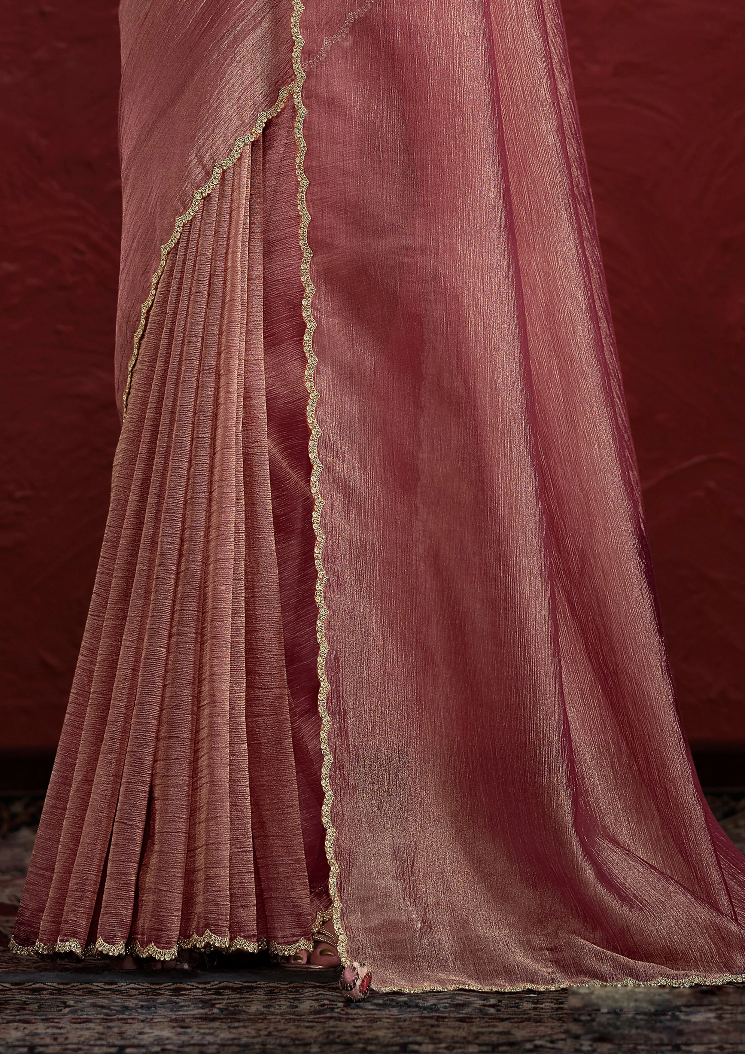 Dusty Rose Embellished Tissue Silk Saree - Image 3