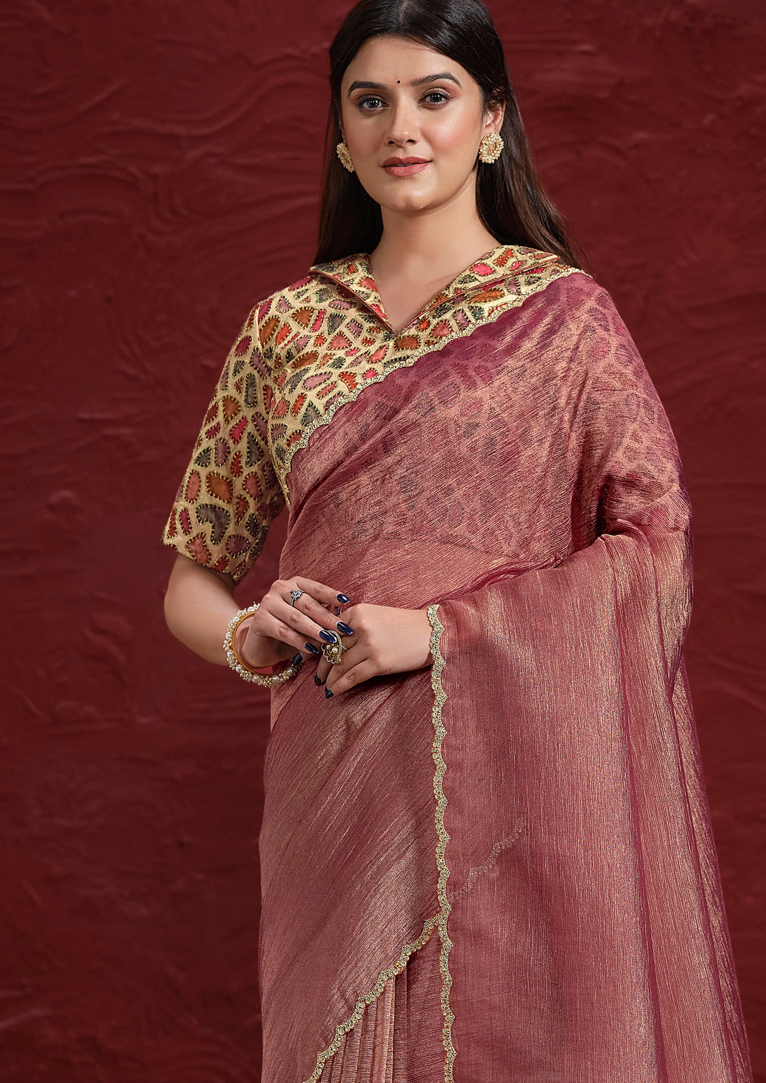Dusty Rose Embellished Tissue Silk Saree - Image 4