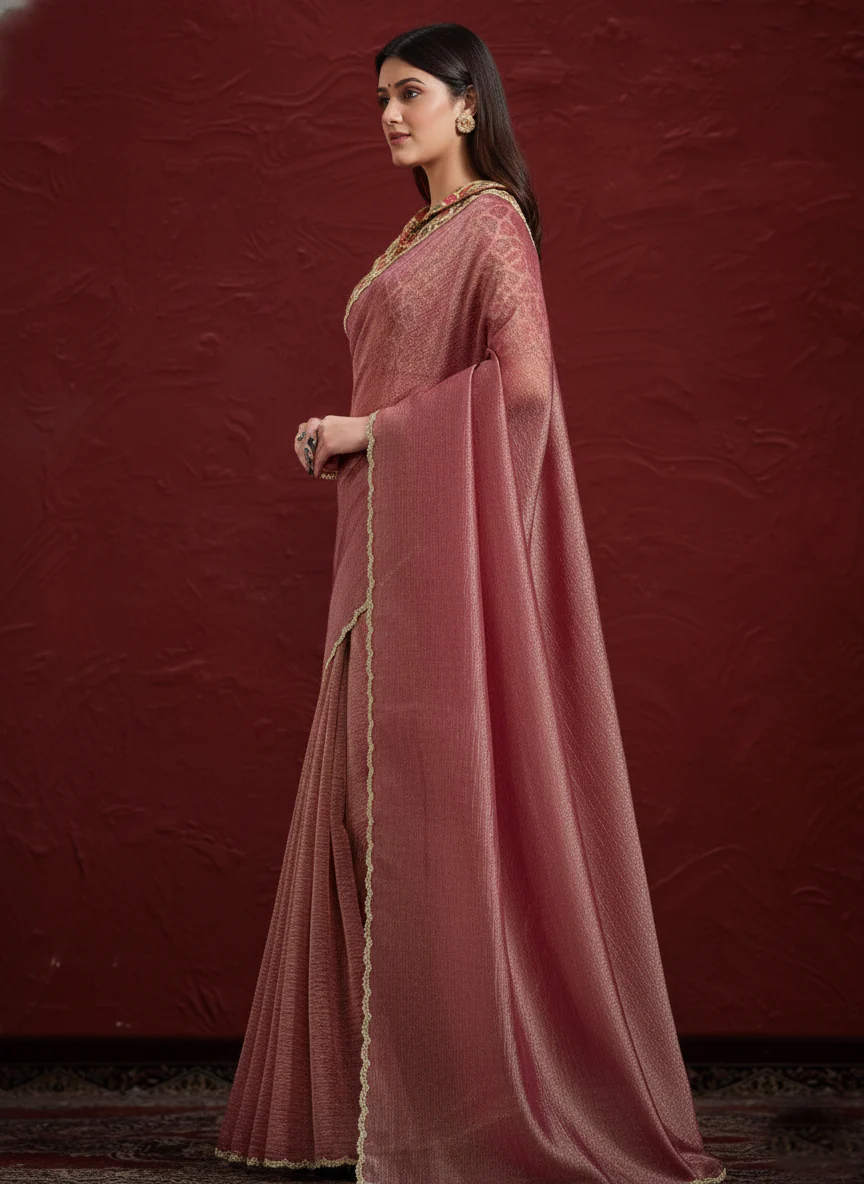 Dusty Rose Embellished Tissue Silk Saree - Image 6