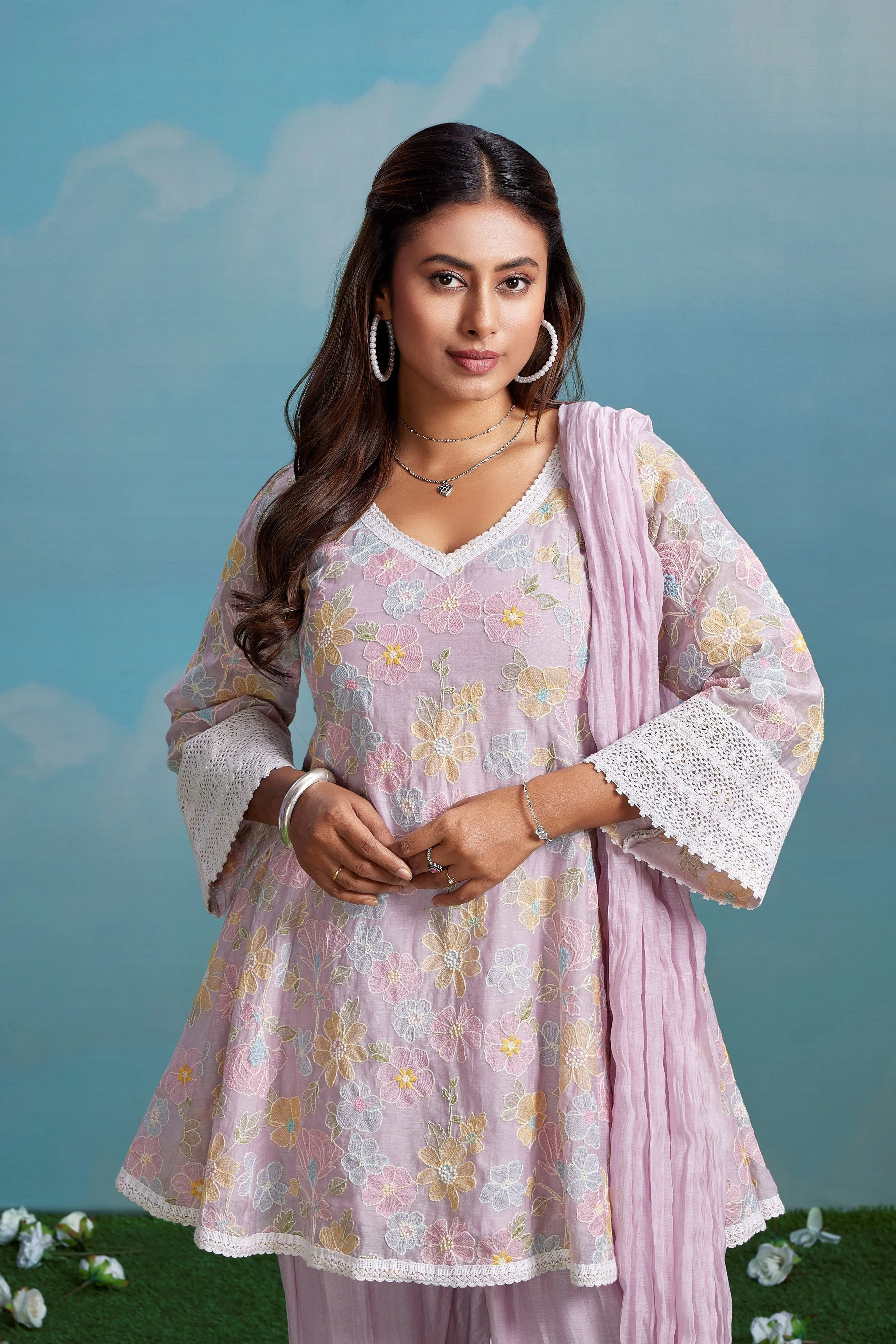 Mauve Blossom Embroidered Chanderi Silk Pant Set - Image 2