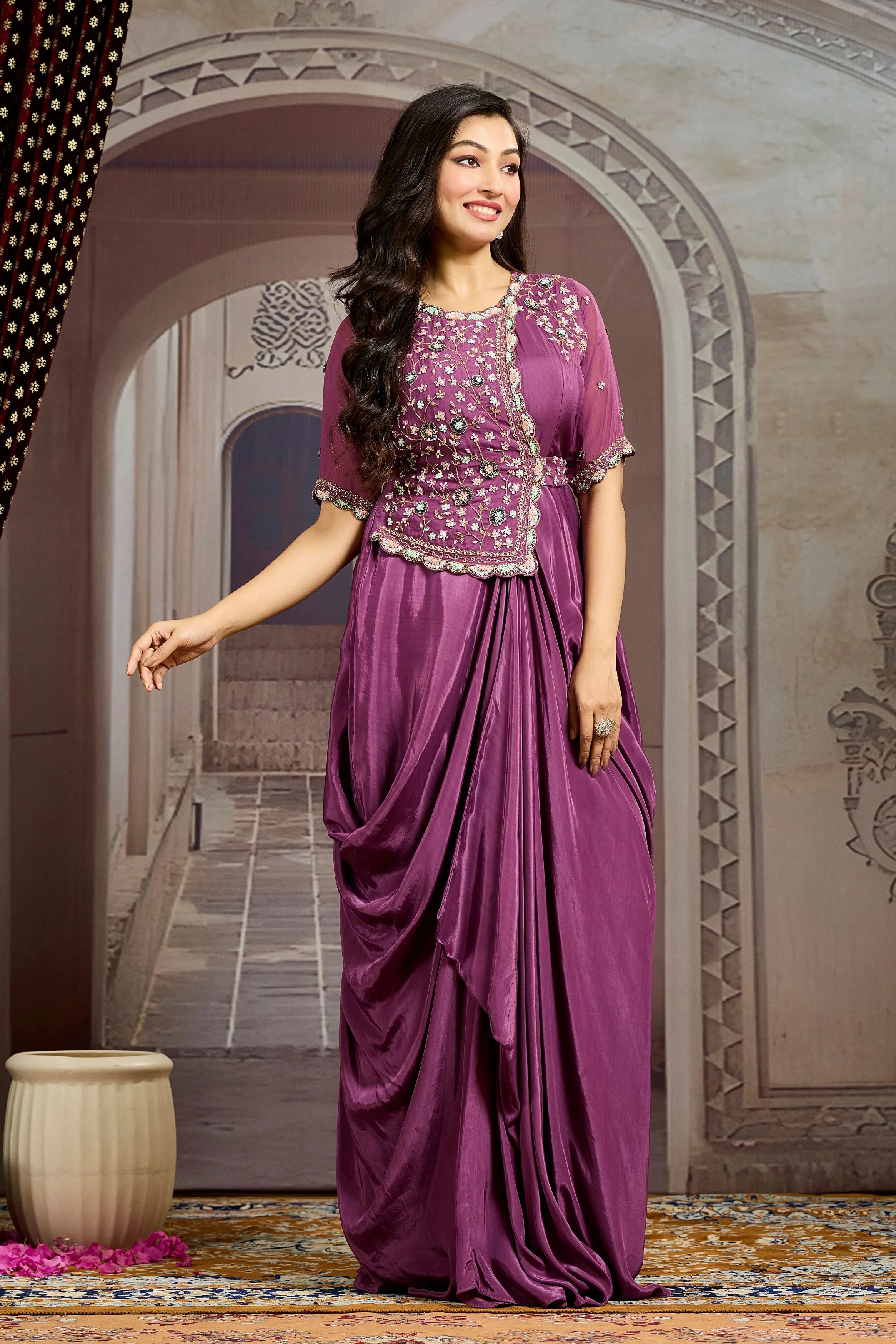 Mauve Embellished Chinon Silk Drape Gown - Image 3