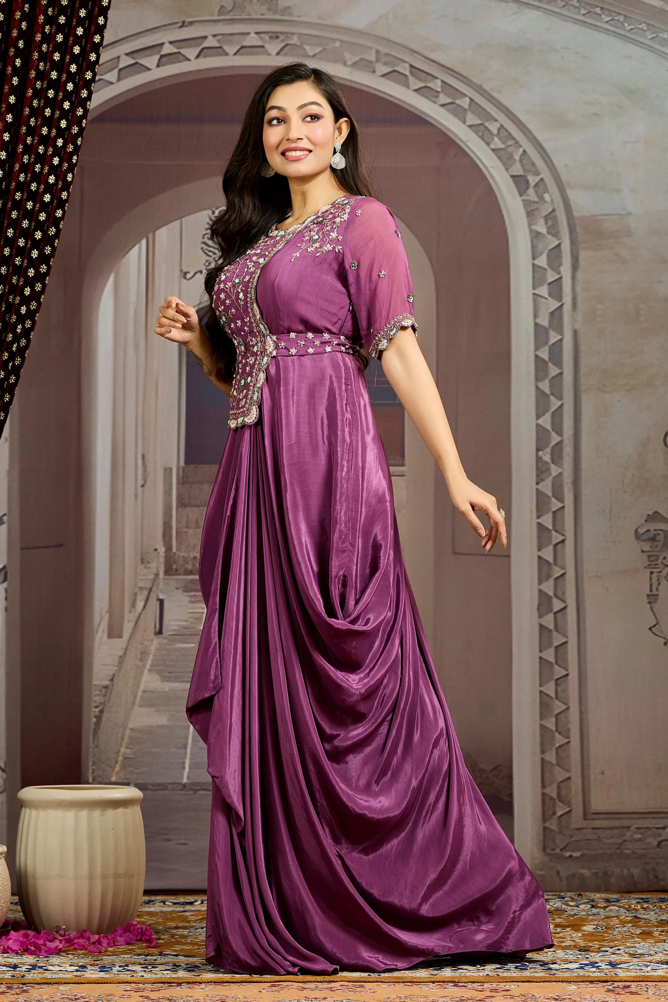 Mauve Embellished Chinon Silk Drape Gown - Image 4