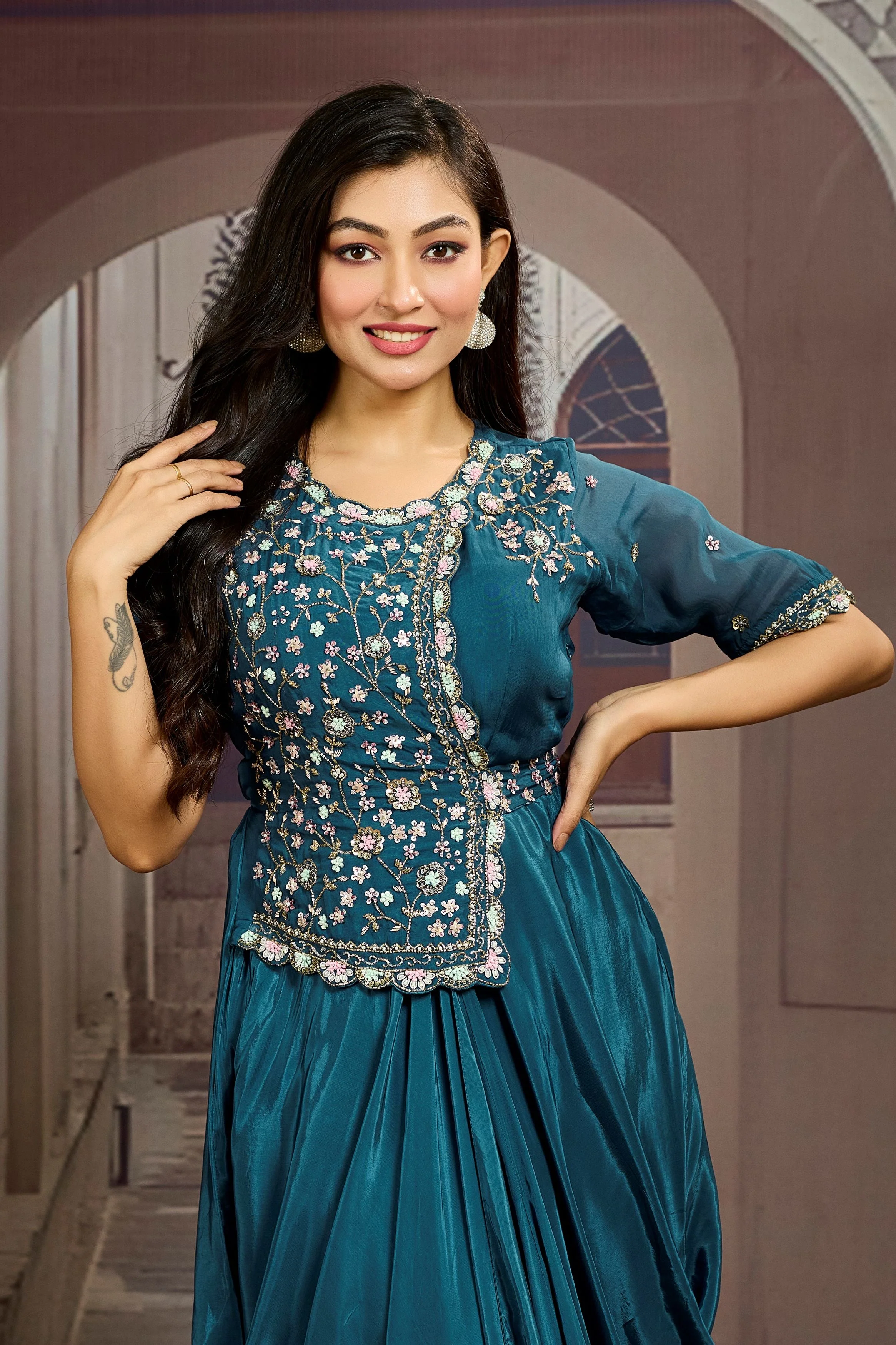 Dark Teal Embellished Chinon Silk Drape Gown - Image 2