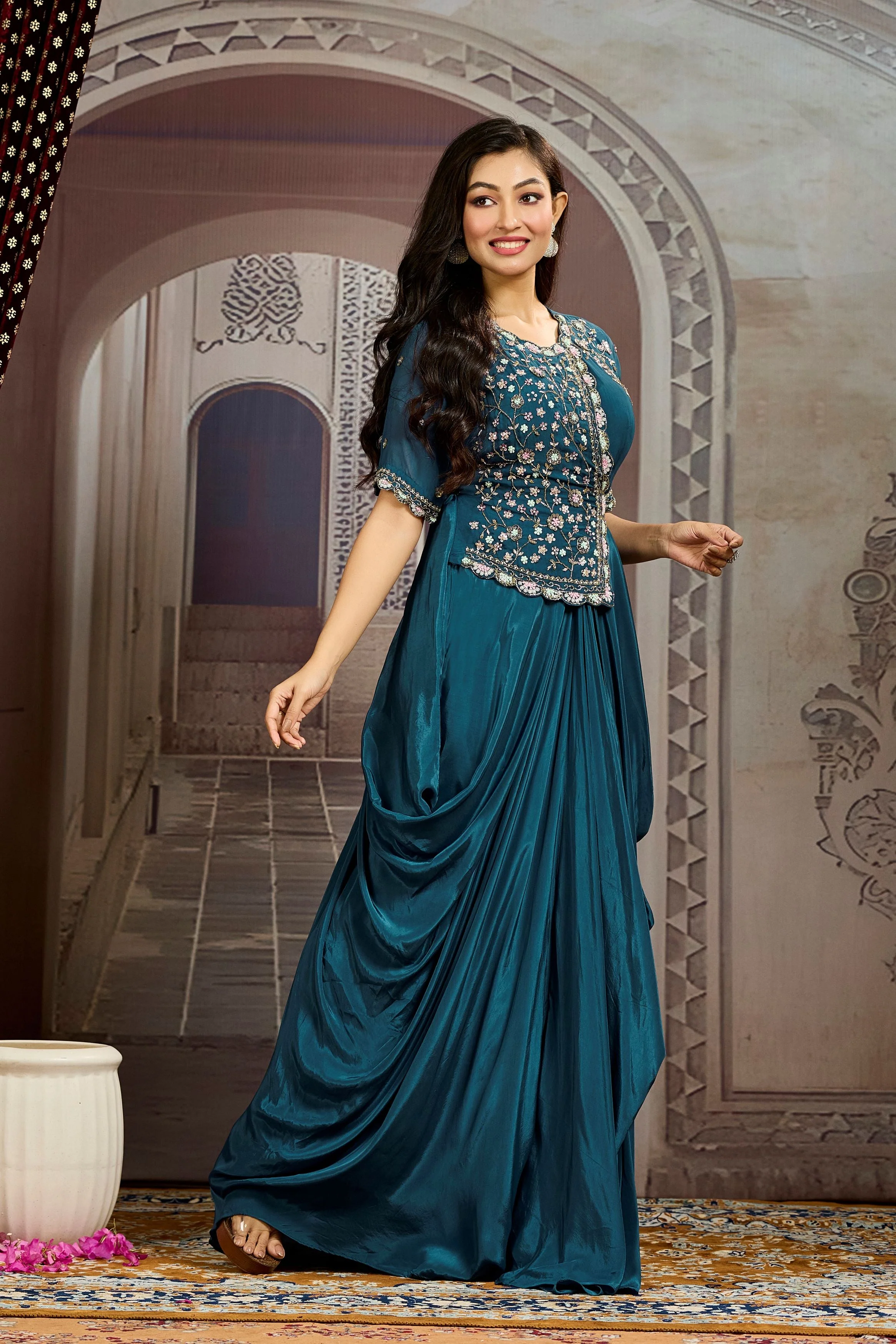 Dark Teal Embellished Chinon Silk Drape Gown - Image 3