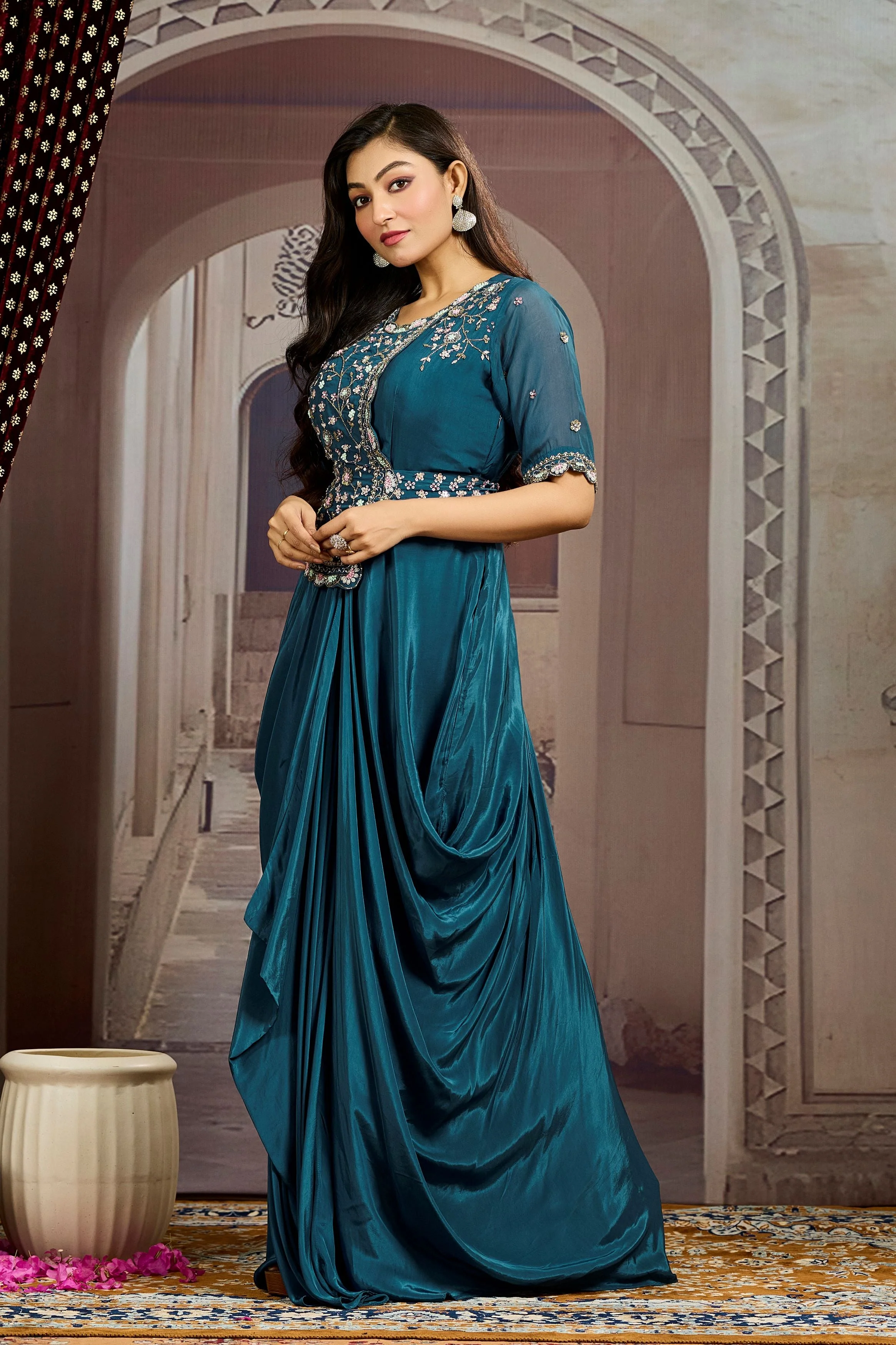 Dark Teal Embellished Chinon Silk Drape Gown - Image 4