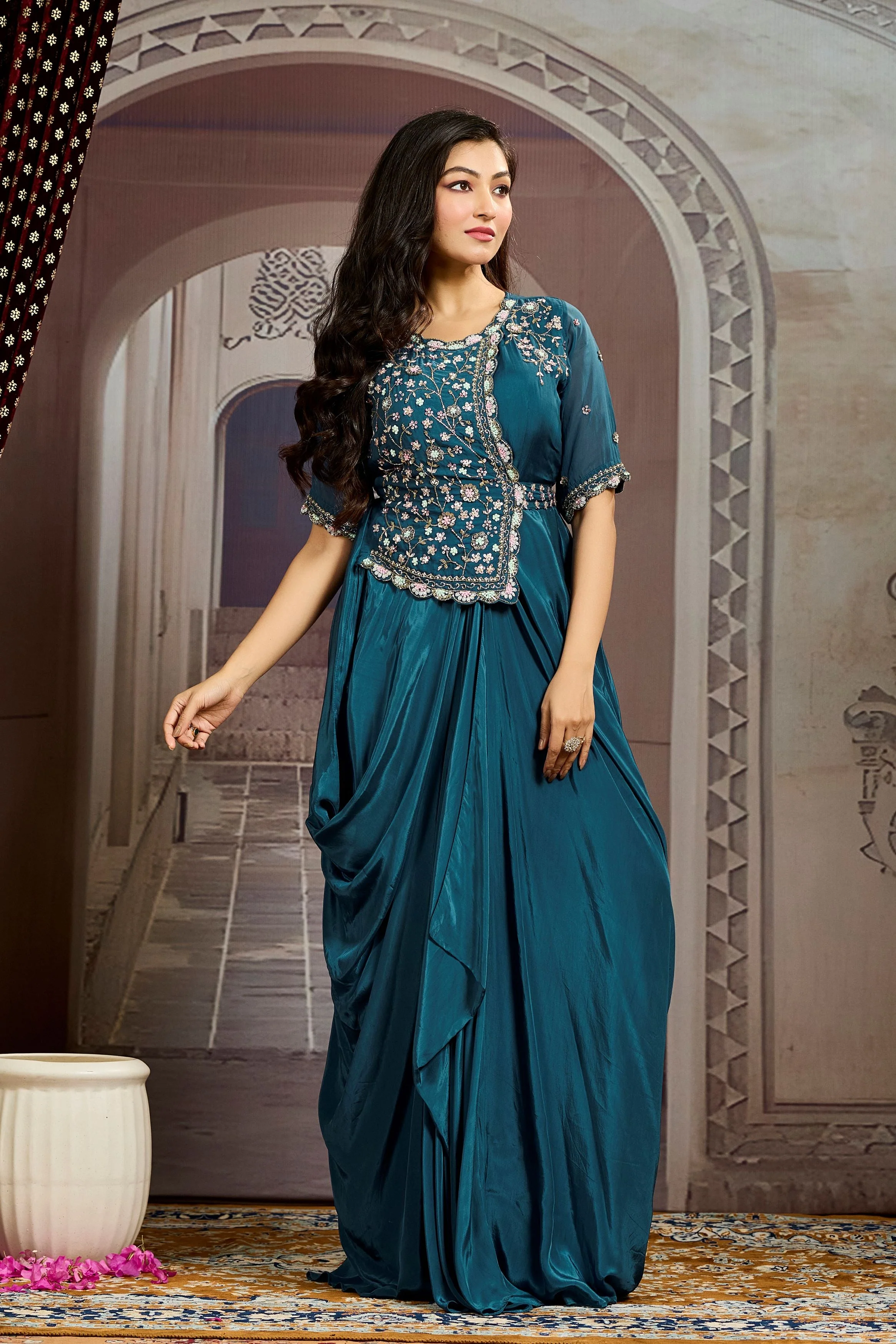 Dark Teal Embellished Chinon Silk Drape Gown - Image 5