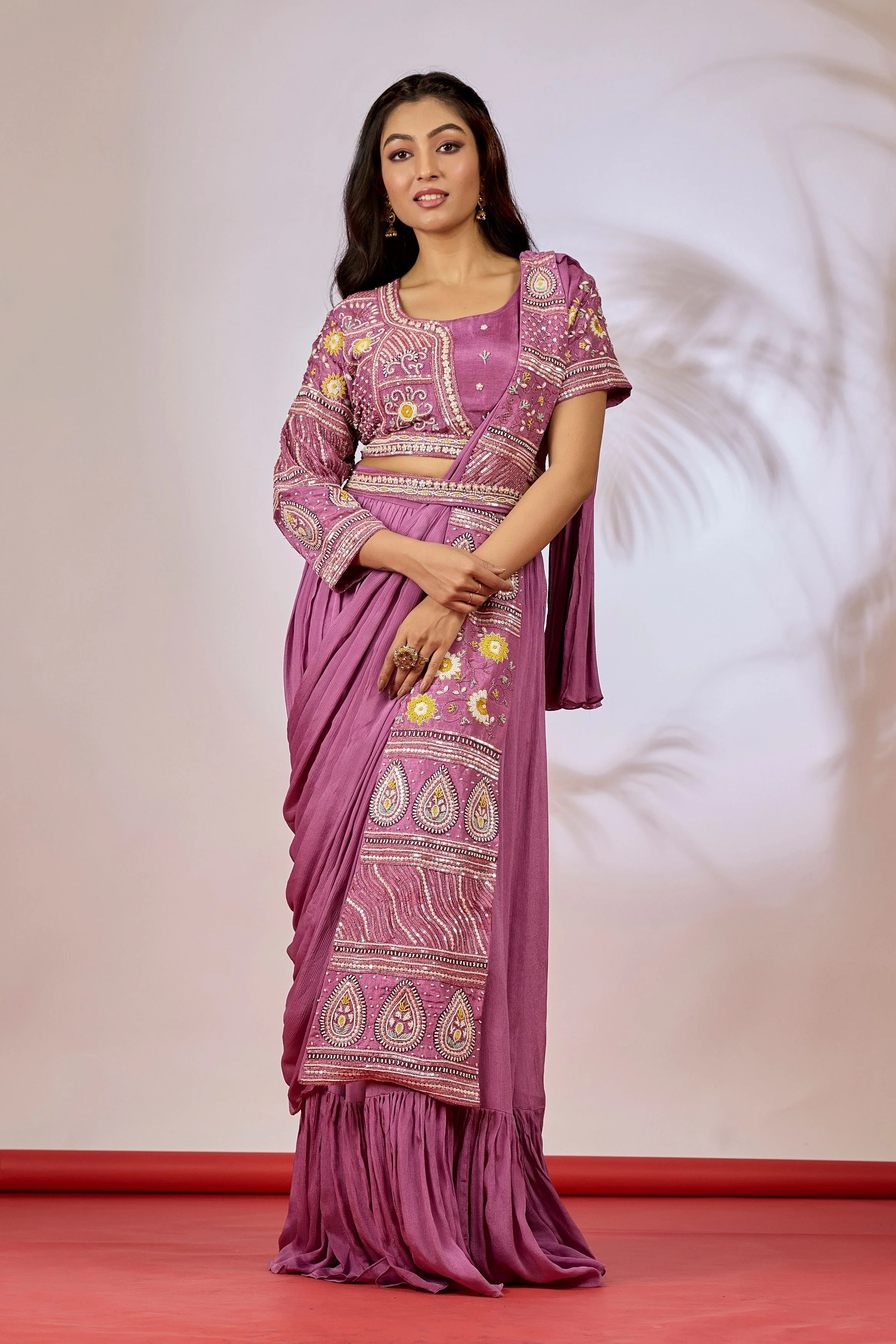 Mauve Embellished Chinon Silk Drape Saree - Image 3