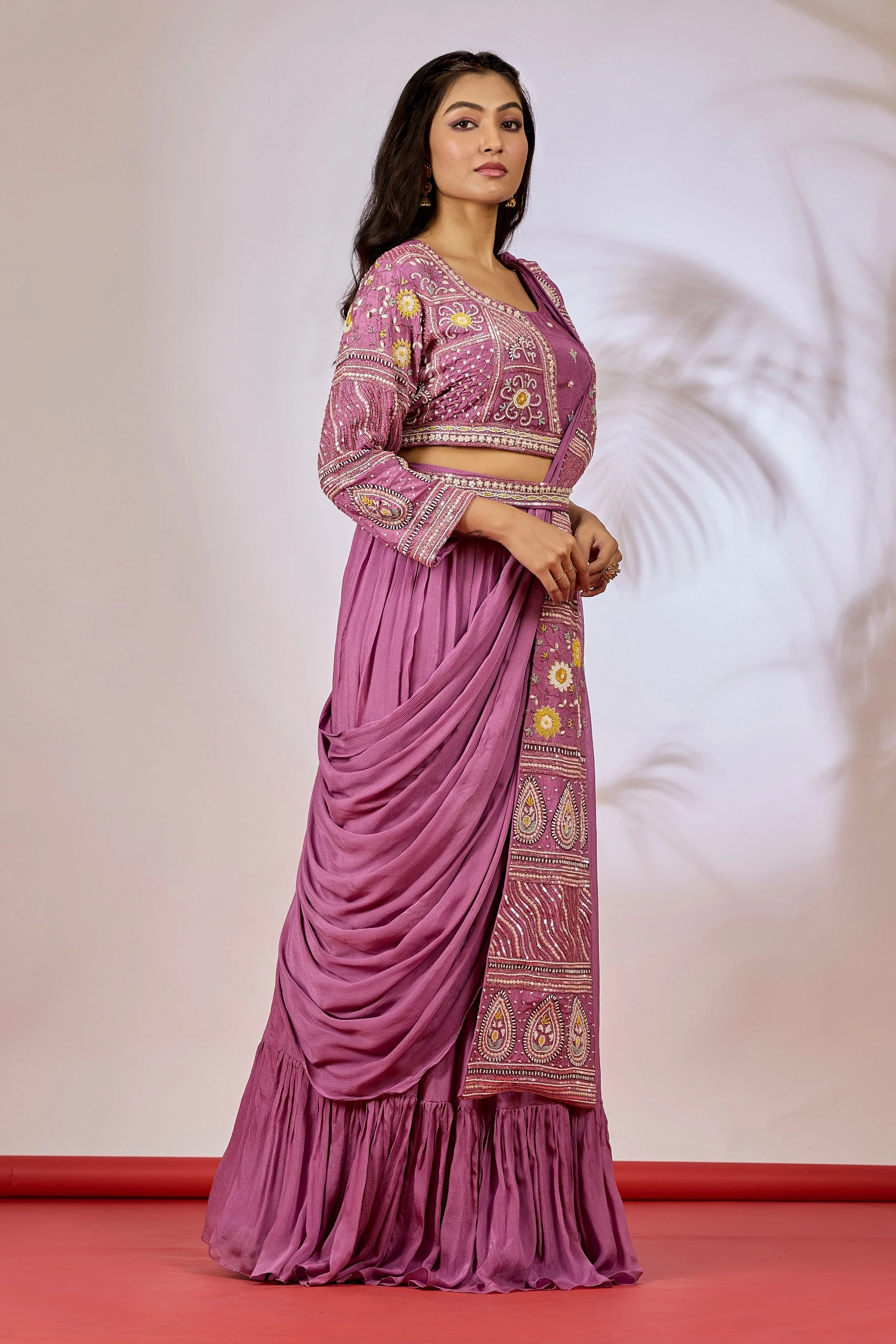 Mauve Embellished Chinon Silk Drape Saree - Image 4