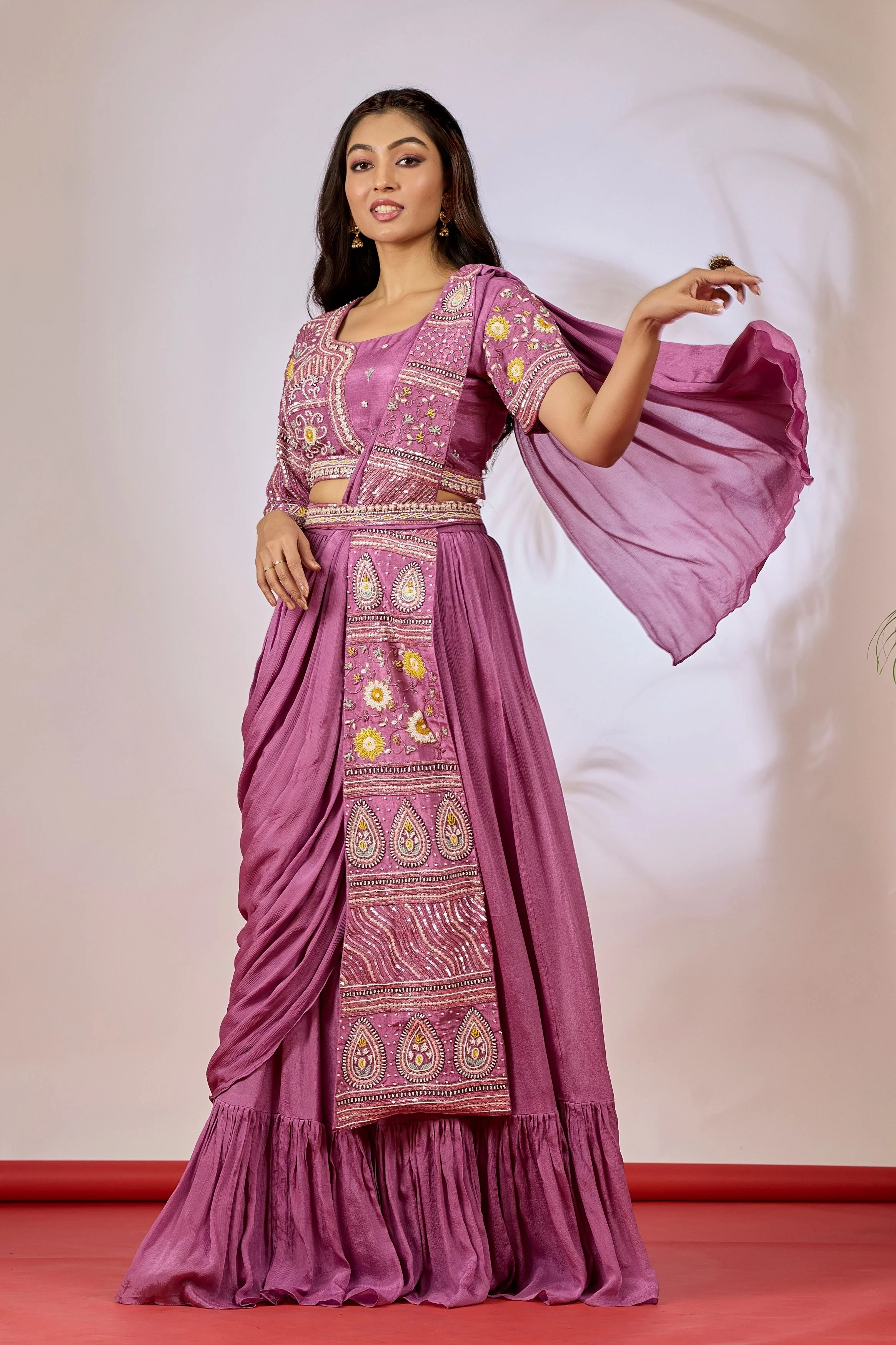 Mauve Embellished Chinon Silk Drape Saree - Image 5