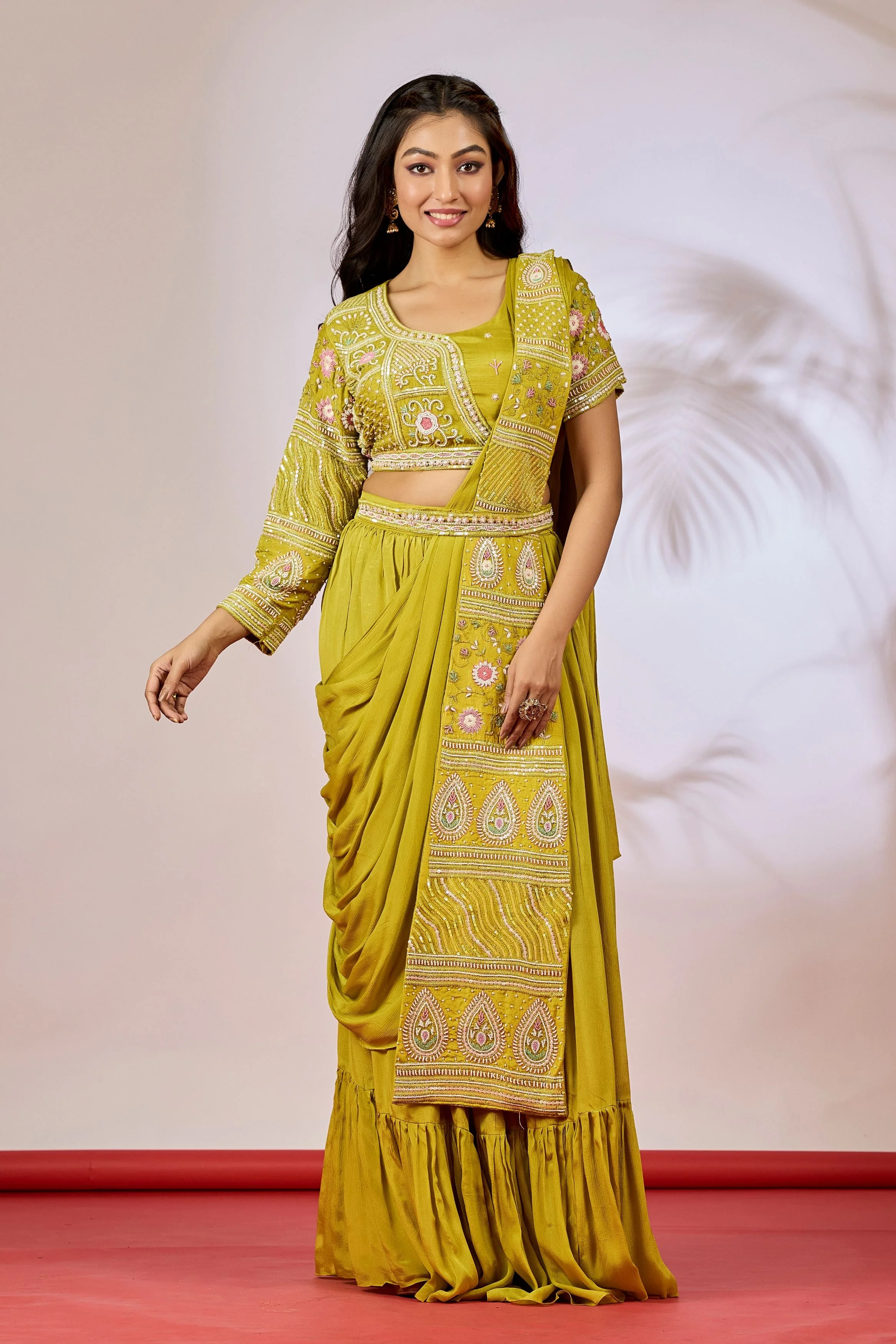Pear Green Embellished Chinon Silk Drape Saree - Image 3