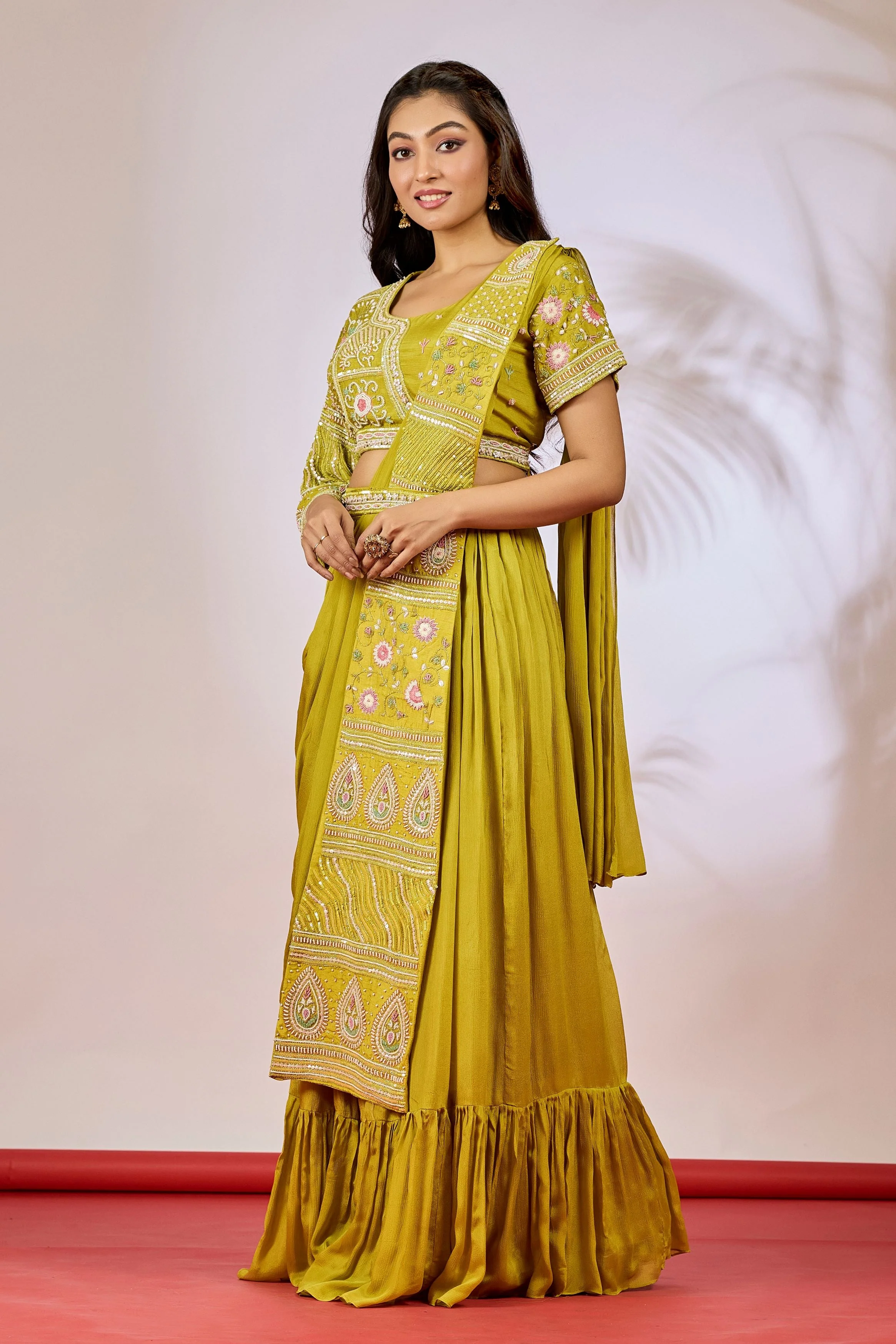 Pear Green Embellished Chinon Silk Drape Saree - Image 4