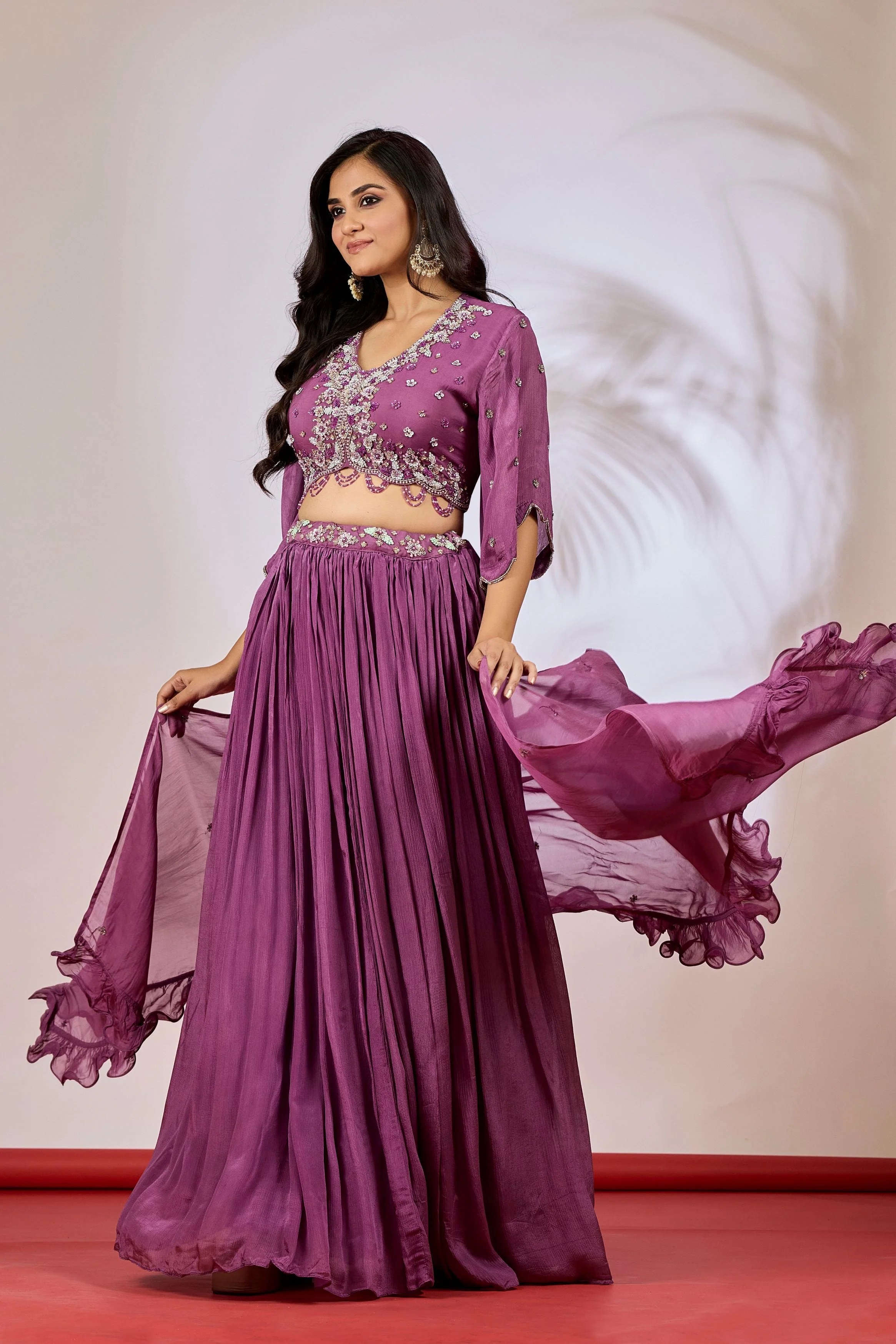Mauve Embellished Chinon Silk Lehenga Set - Image 3