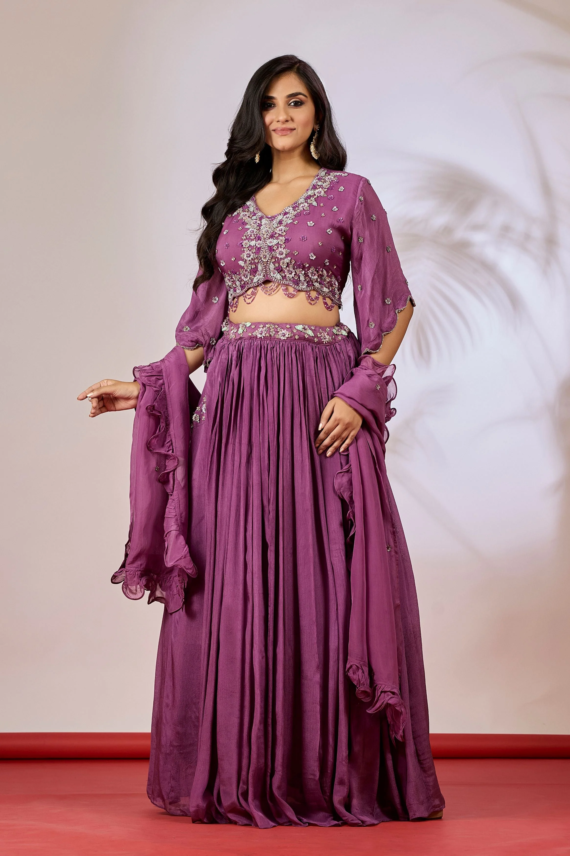 Mauve Embellished Chinon Silk Lehenga Set - Image 4