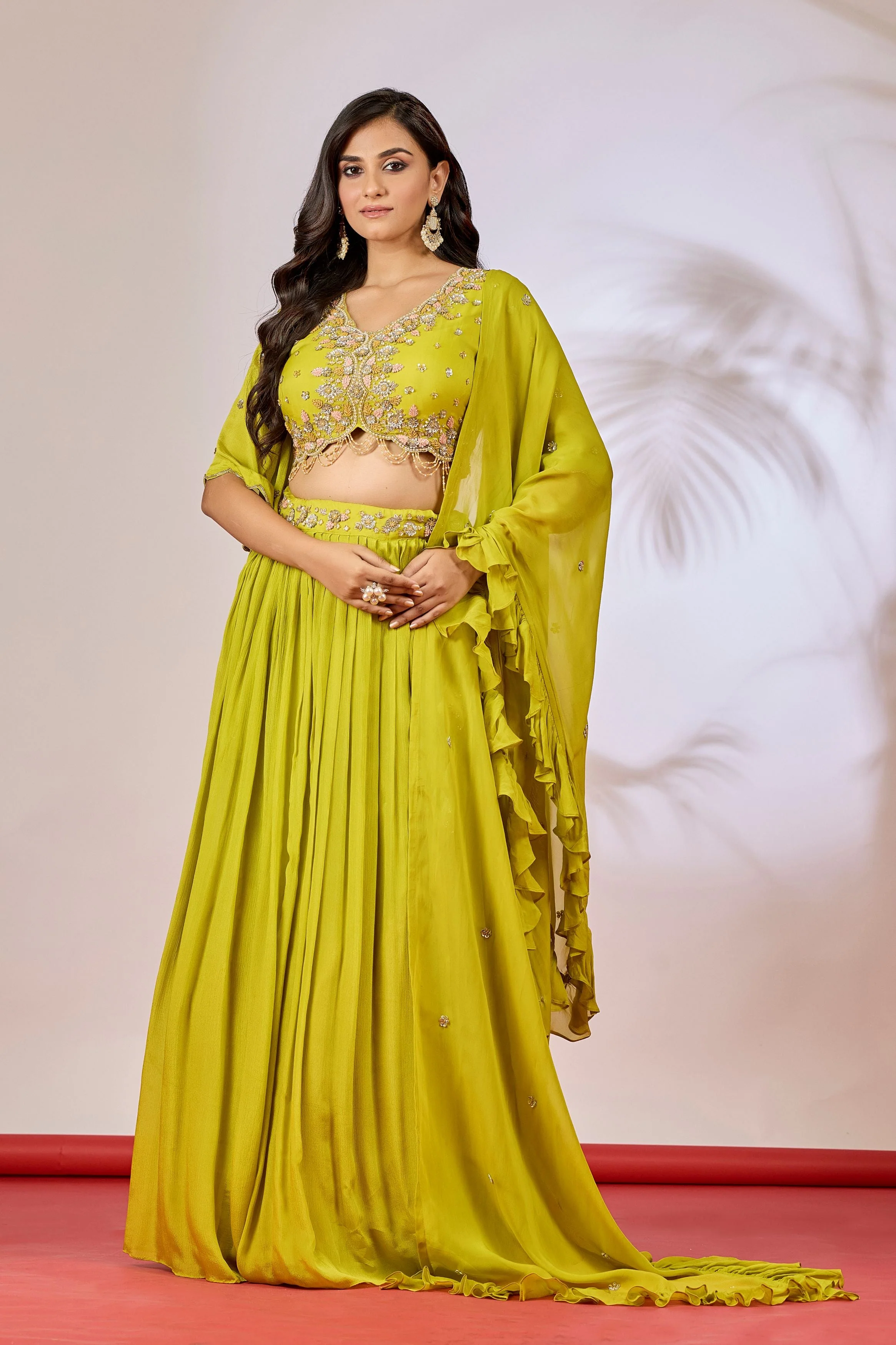 Pear Green Embellished Chinon Silk Lehenga Set - Image 3