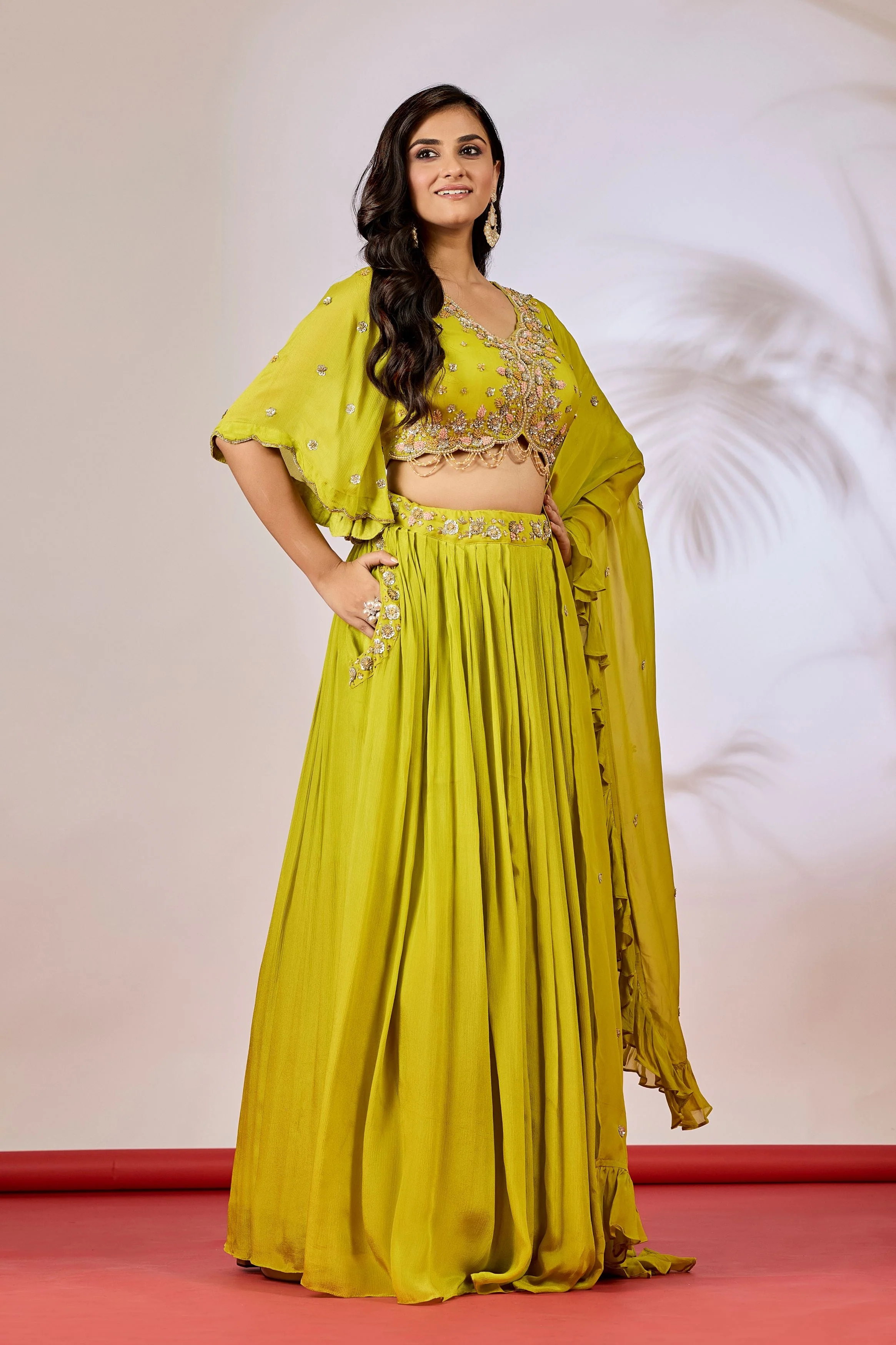 Pear Green Embellished Chinon Silk Lehenga Set - Image 4